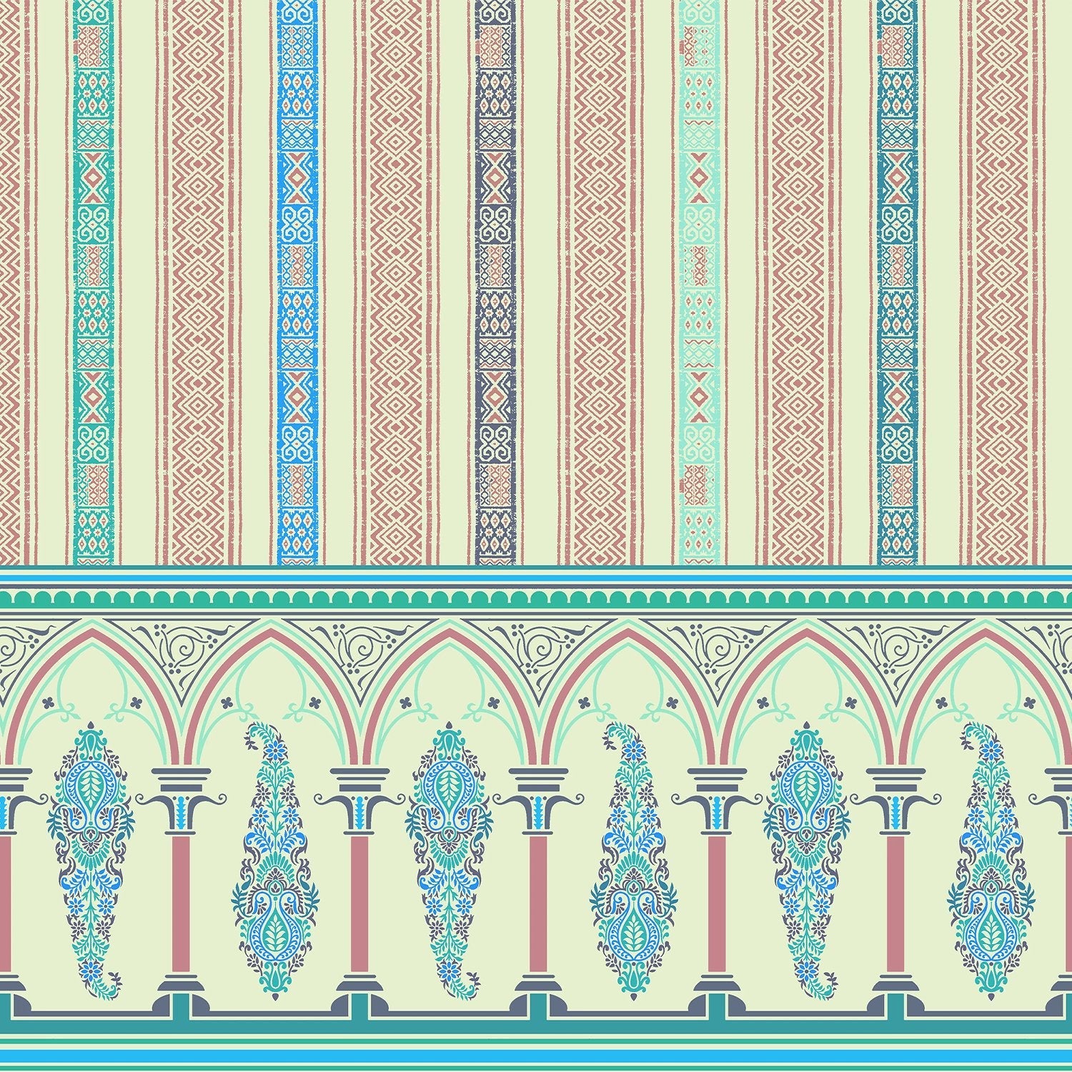 Elegant Victorian striped wallpaper with ornate arched border and pastel colored decorative panels - view 8 - final
