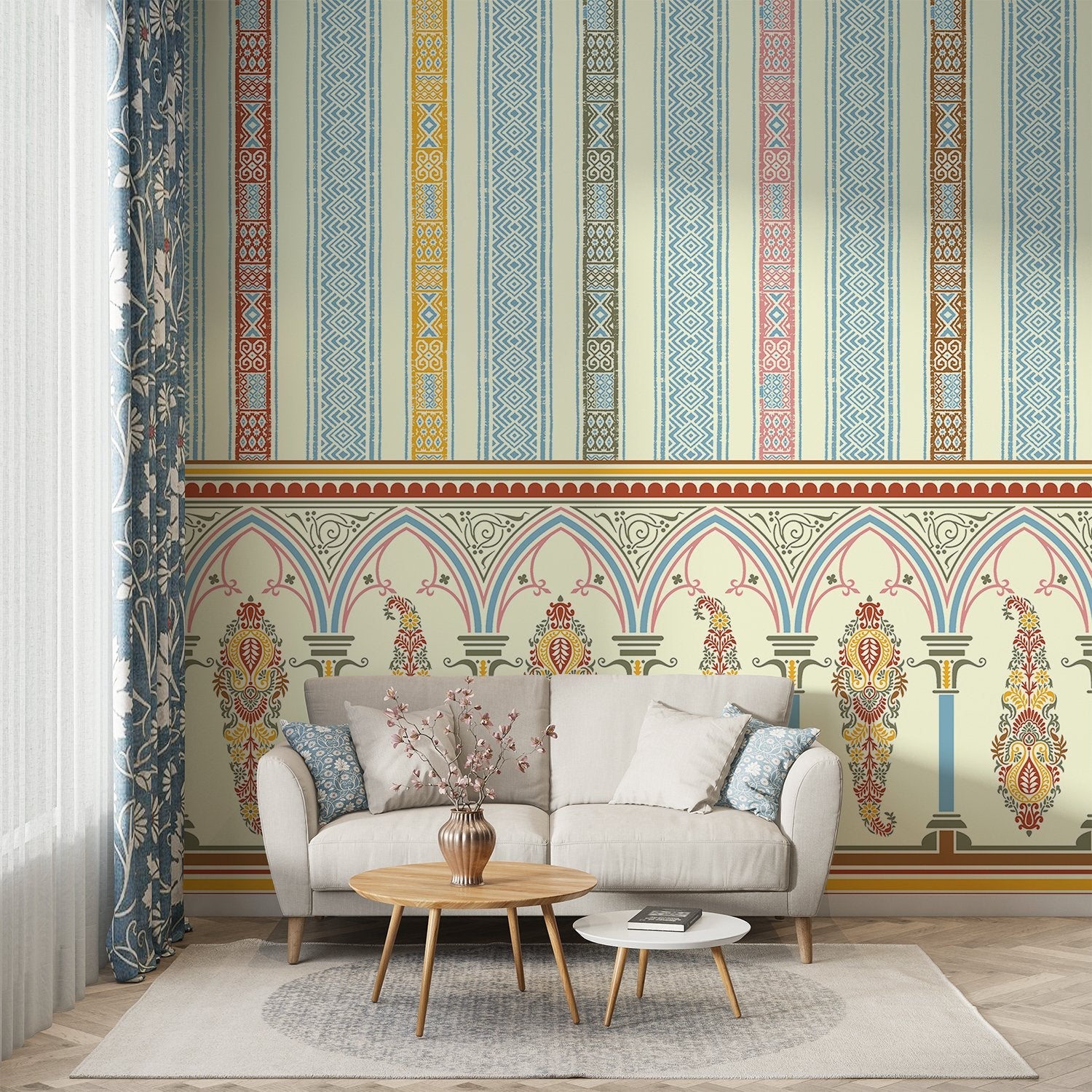 Elegant Victorian striped wallpaper with ornate arched border and pastel colored decorative panels - final living-room