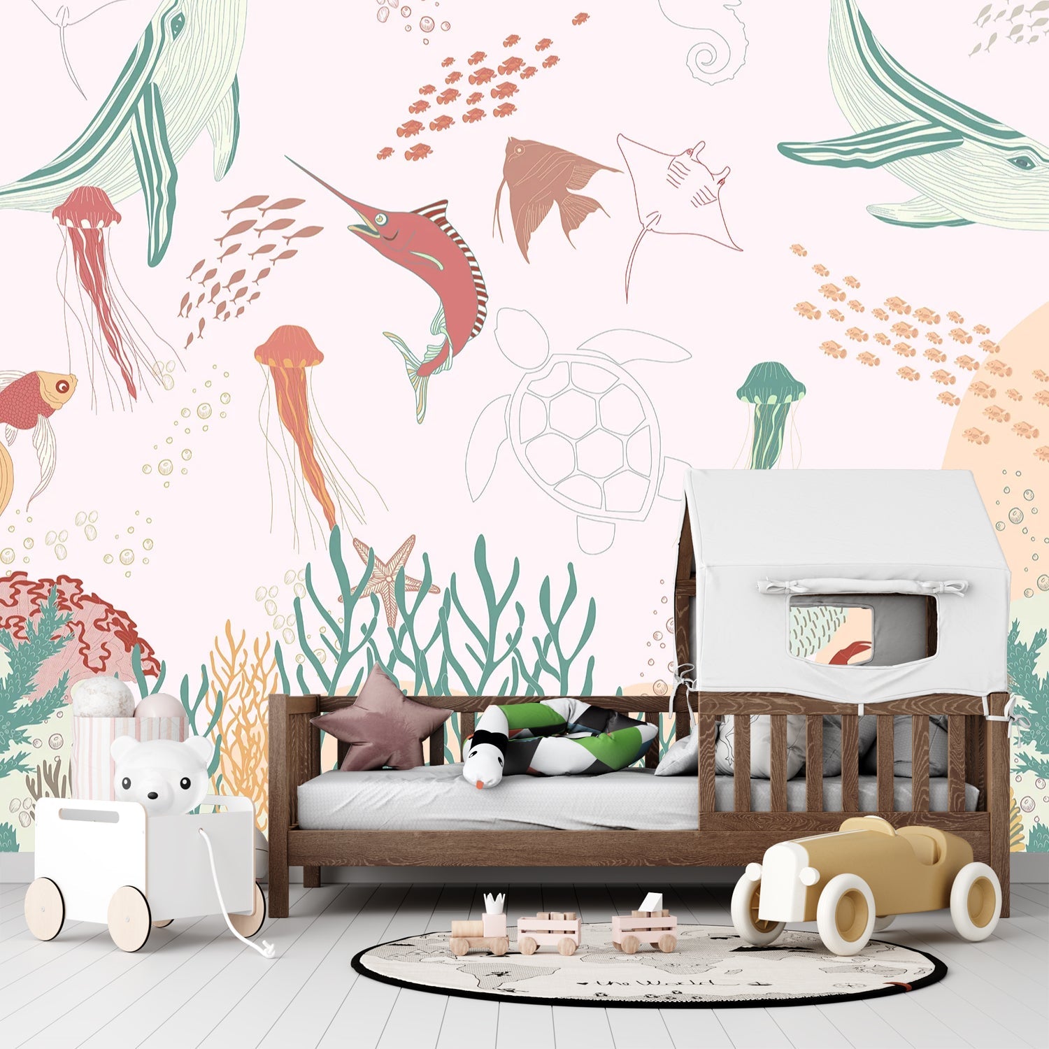 Whimsical marine life illustration with jellyfish, fish and coral in soft pastel colors - view 13 - final