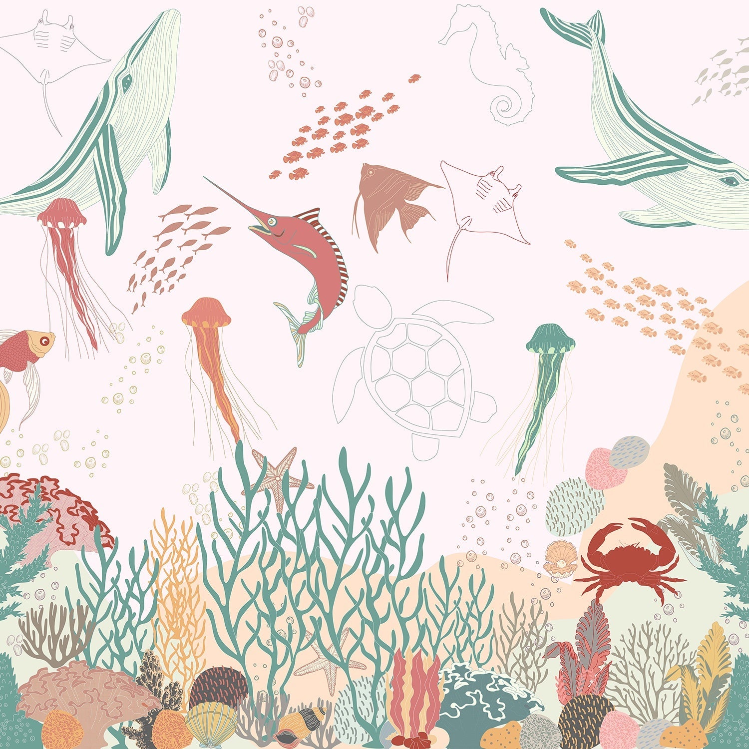 Whimsical marine life illustration with jellyfish, fish and coral in soft pastel colors - view 14 - final