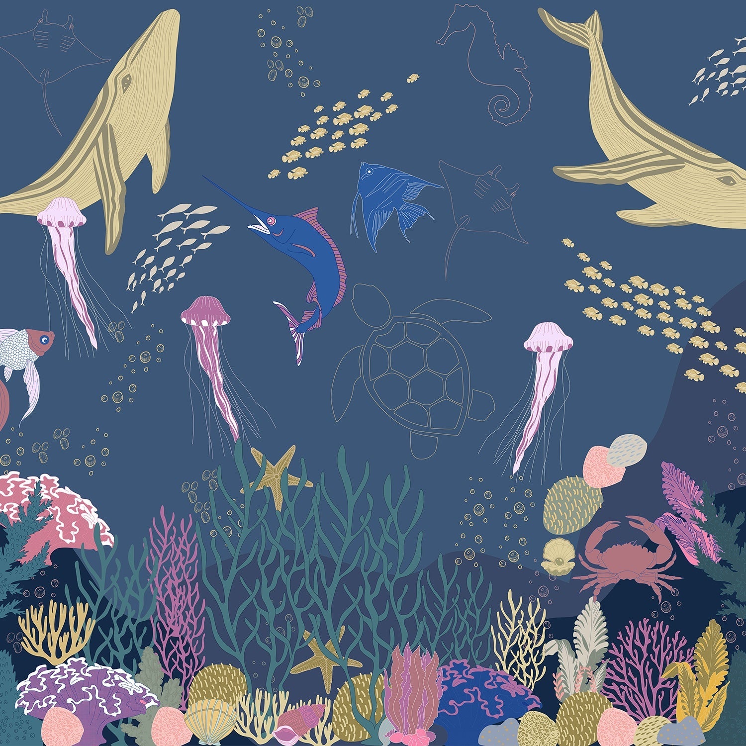 Whimsical marine life illustration with jellyfish, fish and coral in soft pastel colors - view 19 - final