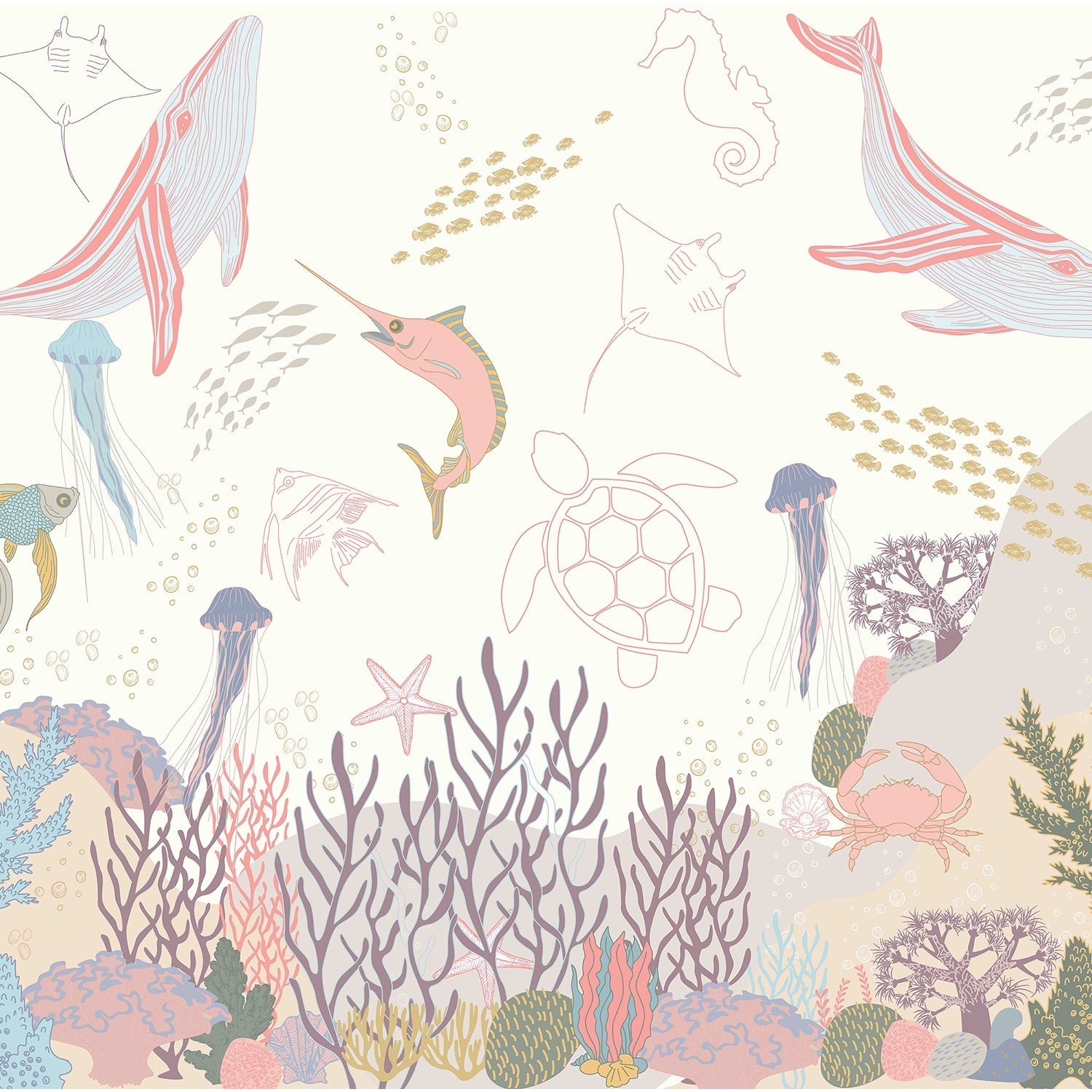 Whimsical marine life illustration with jellyfish, fish and coral in soft pastel colors - view 2 - final