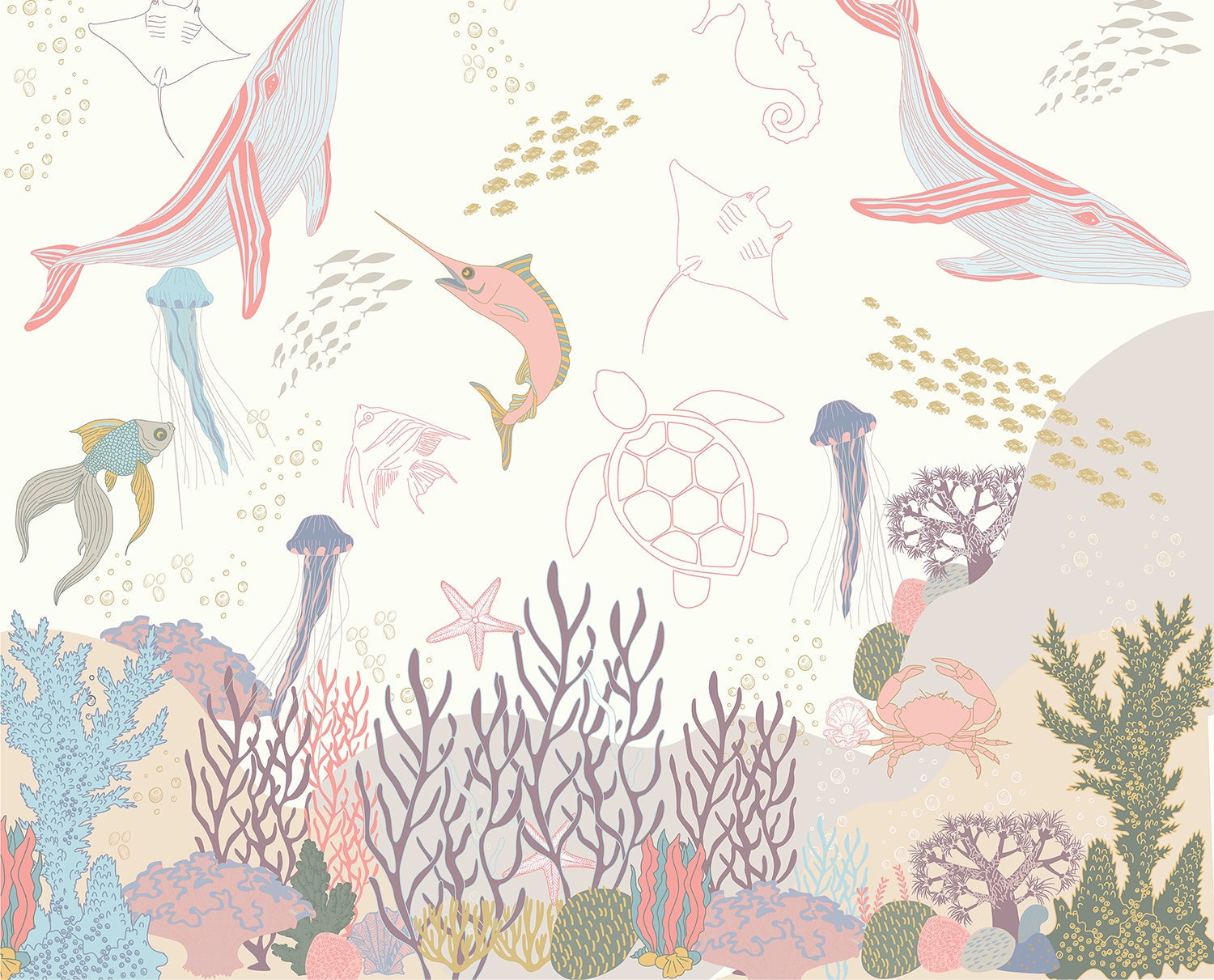 Whimsical marine life illustration with jellyfish, fish and coral in soft pastel colors - view 6 - mural-inequal - final