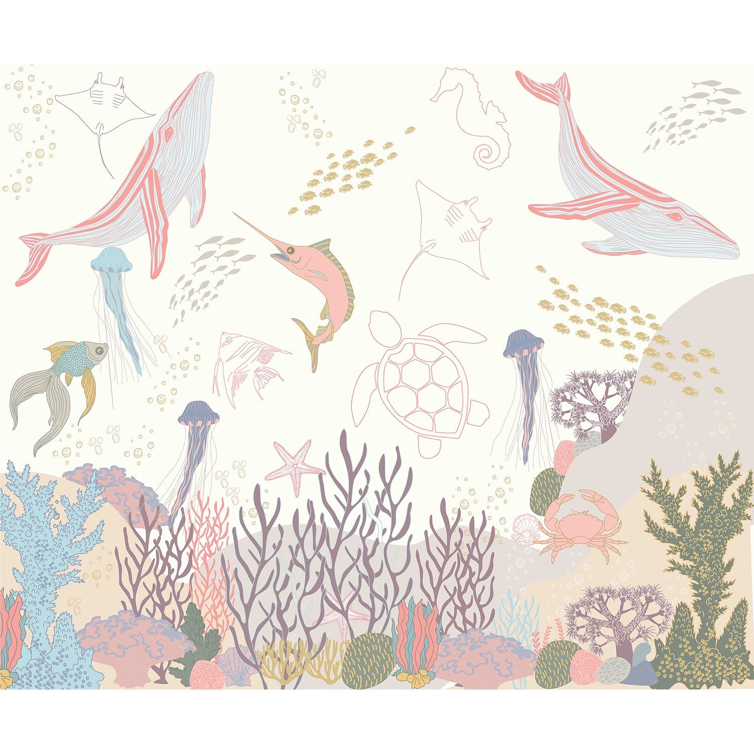 Whimsical marine life illustration with jellyfish, fish and coral in soft pastel colors - view 7 - mural-equal - final