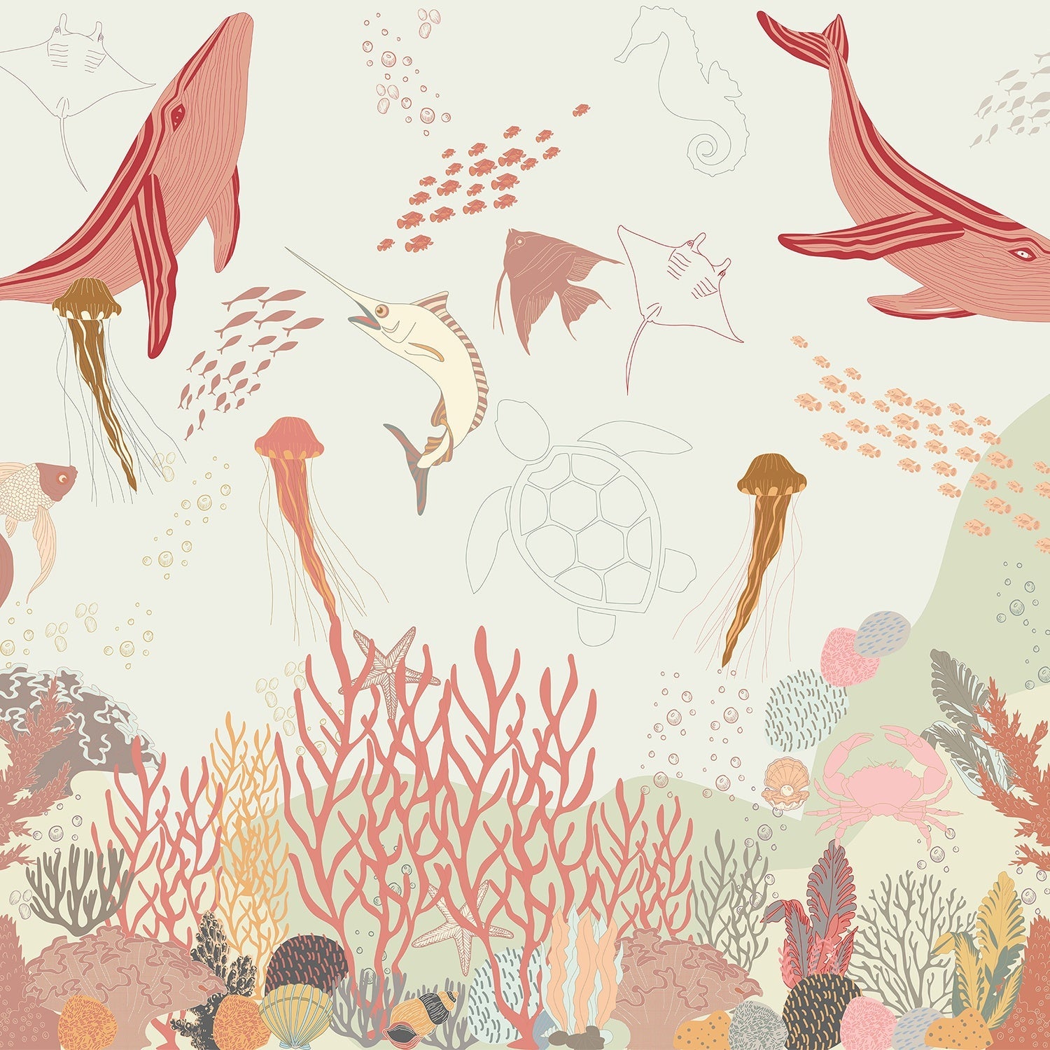 Whimsical marine life illustration with jellyfish, fish and coral in soft pastel colors - view 8 - final