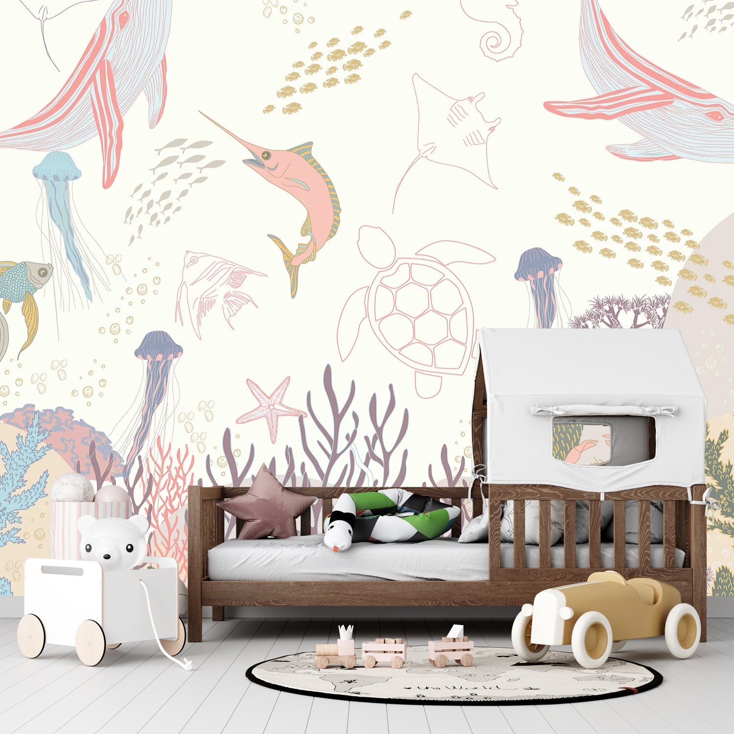 Whimsical marine life illustration with jellyfish, fish and coral in soft pastel colors - final kids-room