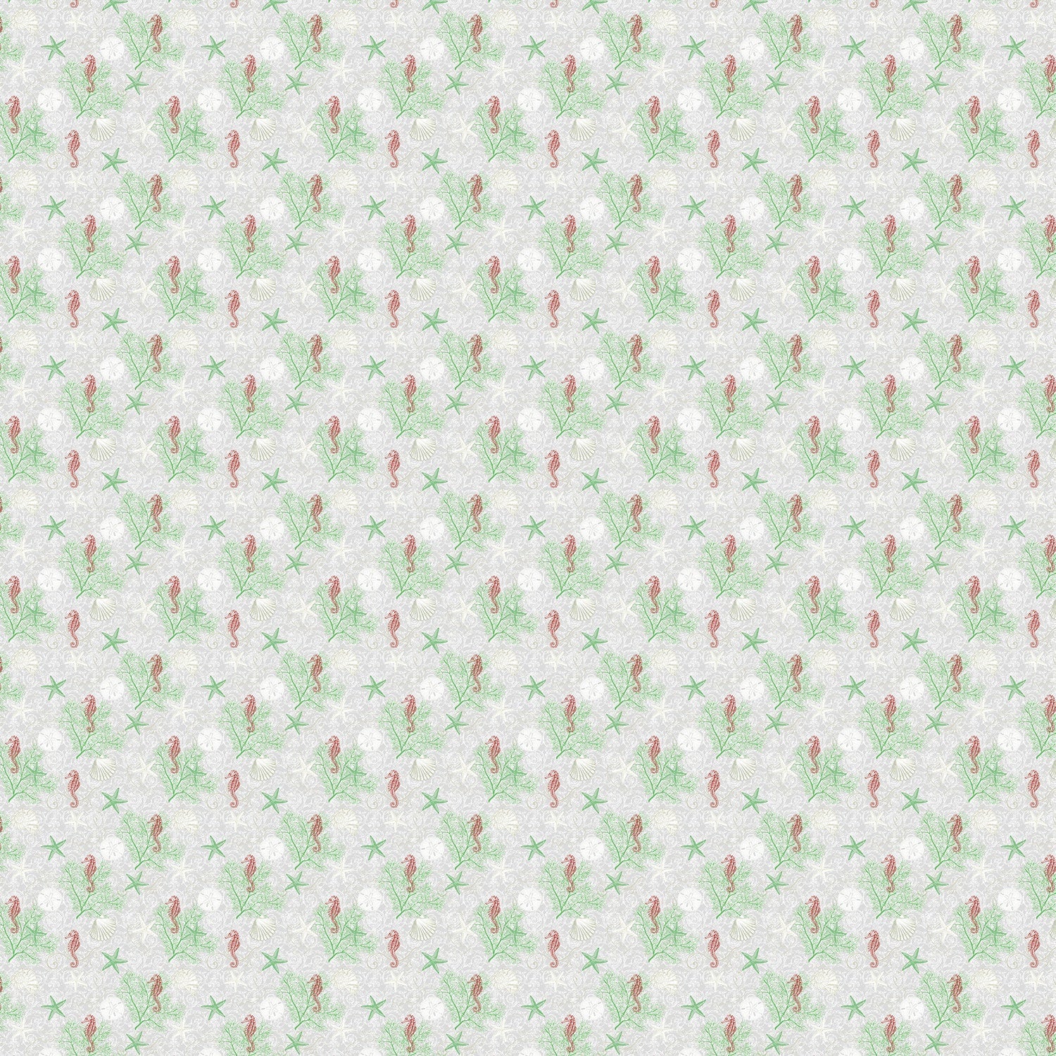 Delicate repeating pattern of blue seahorses and coral starfish on light background - view 10 - final