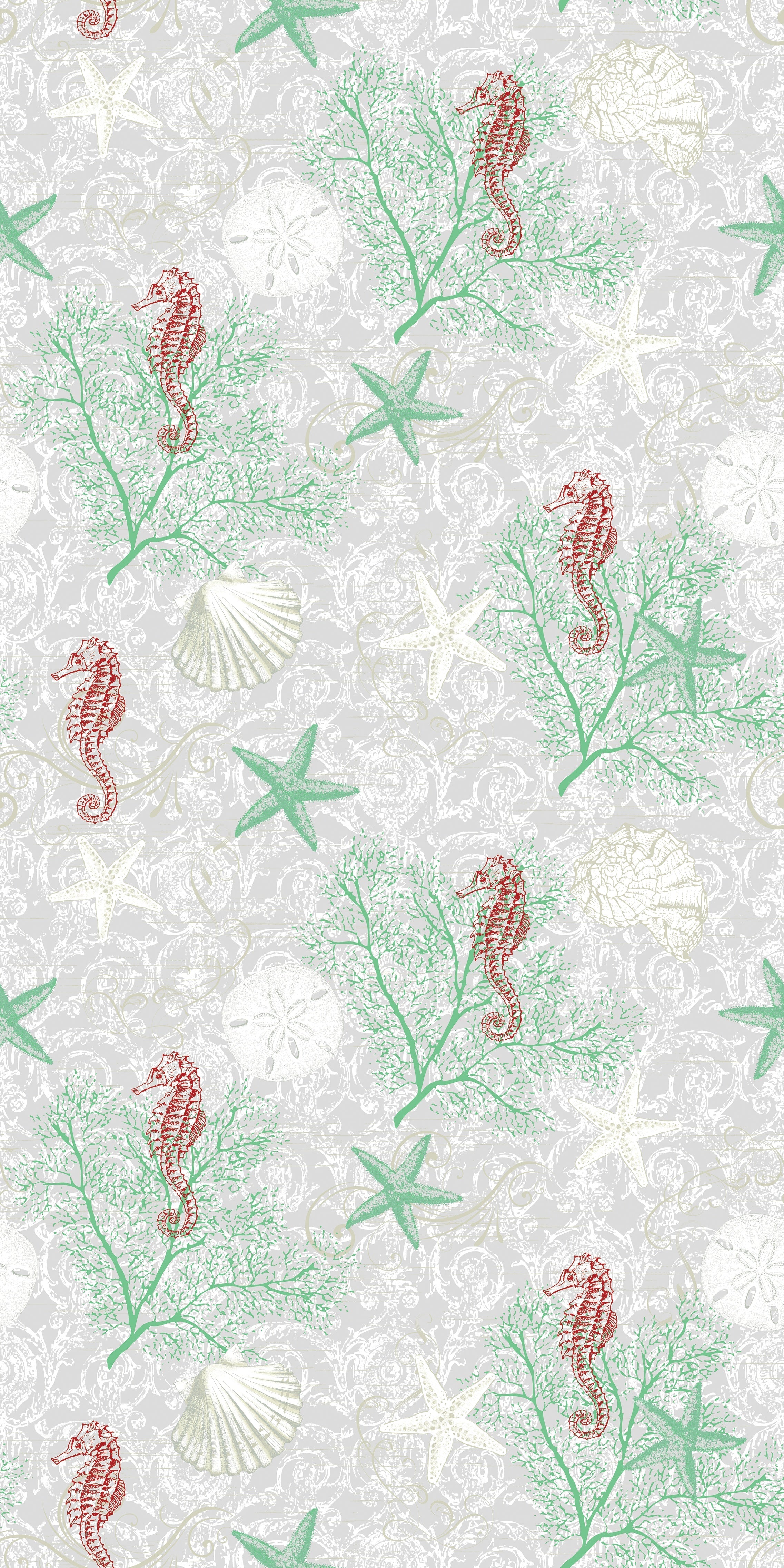 Delicate repeating pattern of blue seahorses and coral starfish on light background - view 13 - repeat-original - final