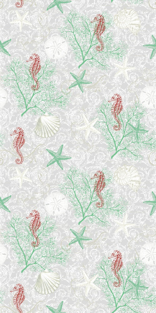Delicate repeating pattern of blue seahorses and coral starfish on light background - view 14 - repeat-small - final