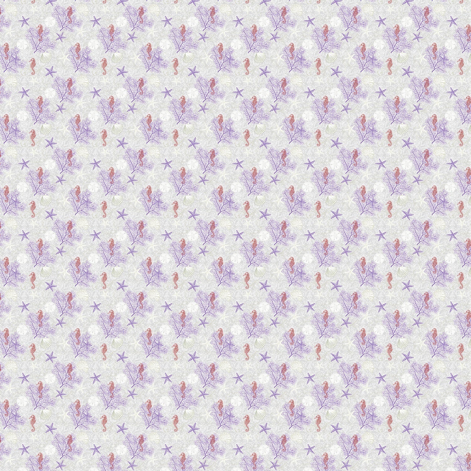 Delicate repeating pattern of blue seahorses and coral starfish on light background - view 16 - final