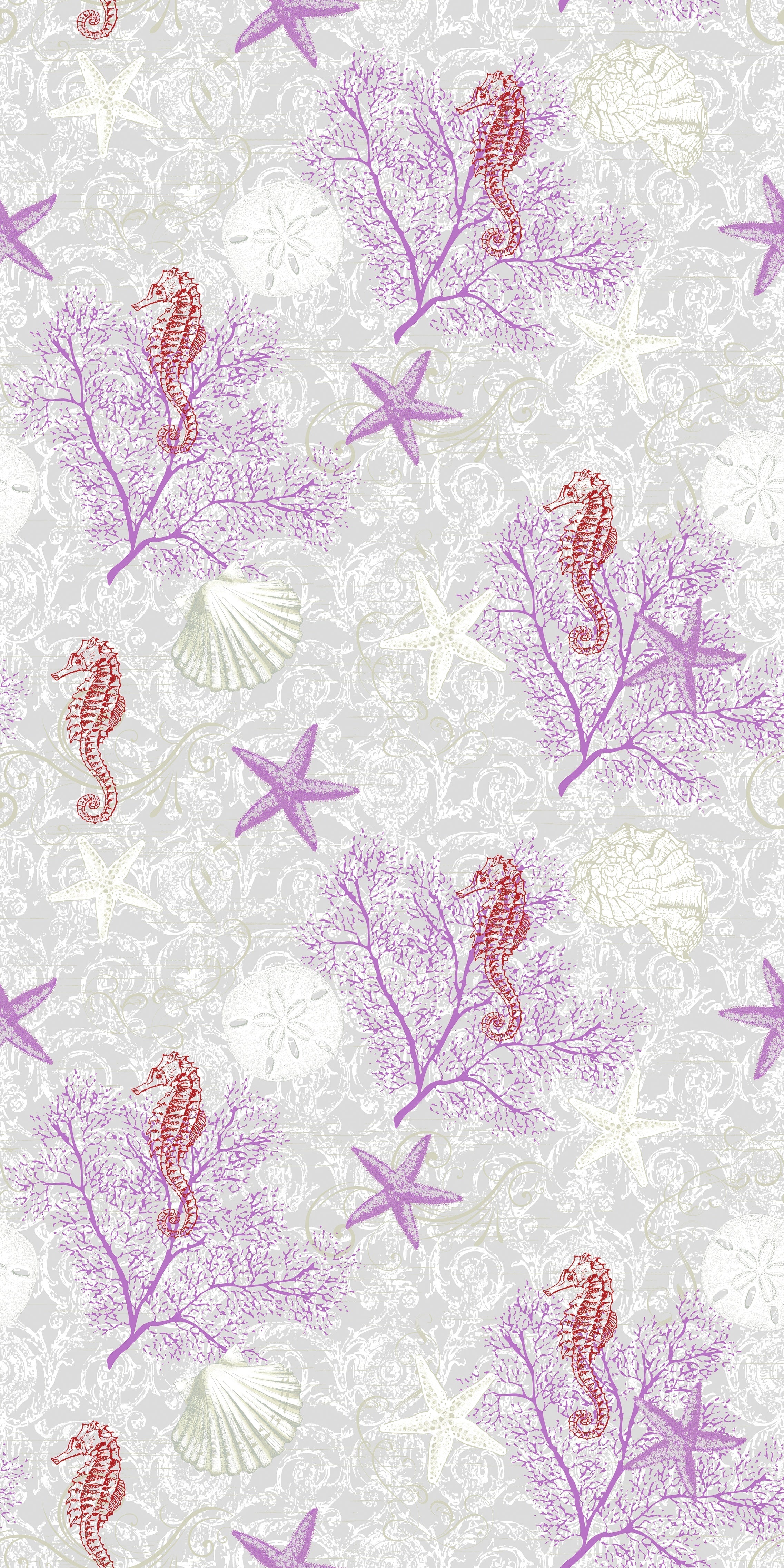 Delicate repeating pattern of blue seahorses and coral starfish on light background - view 19 - repeat-original - final