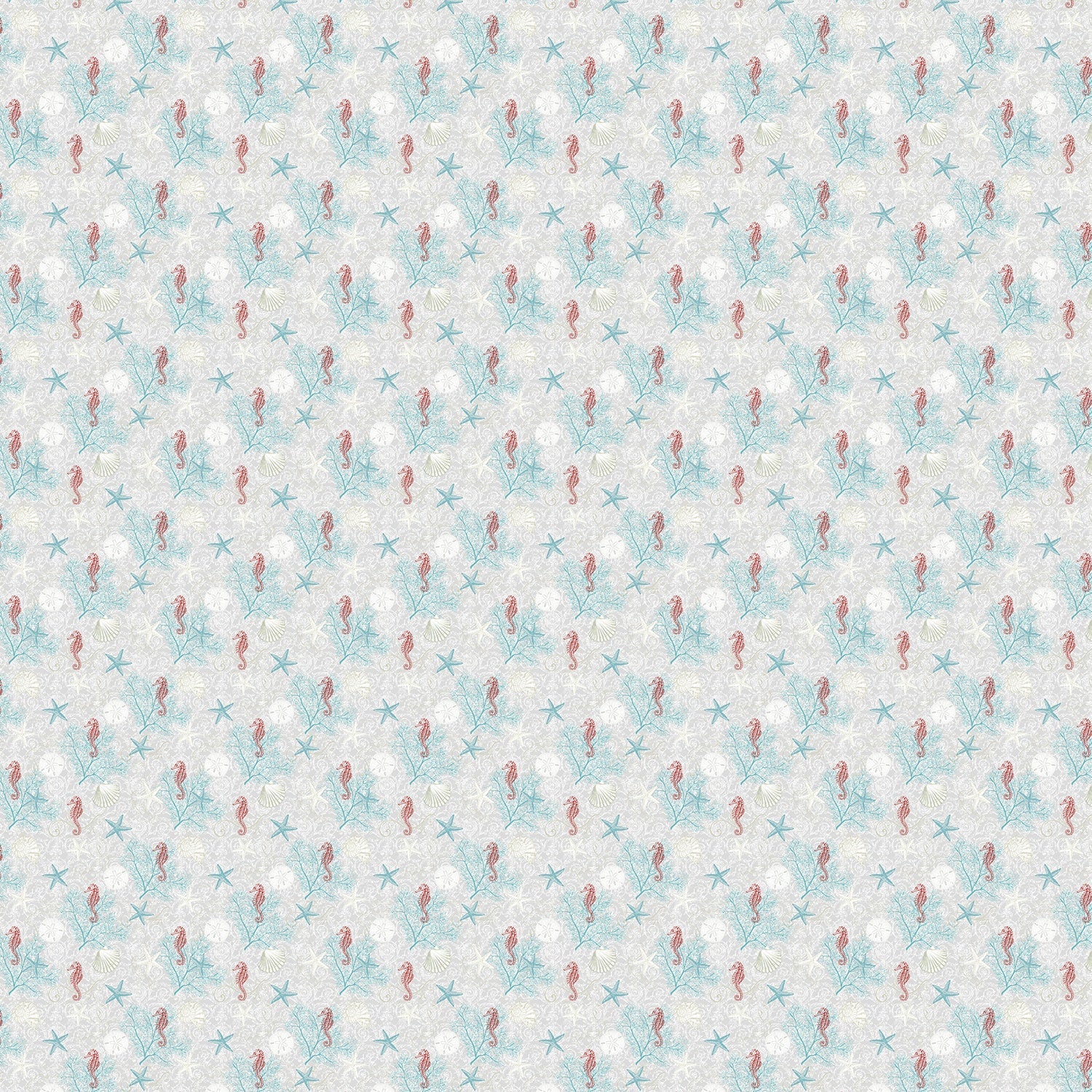 Delicate repeating pattern of blue seahorses and coral starfish on light background - view 2 - final