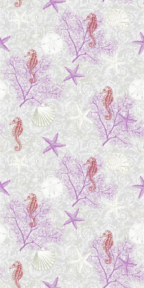 Delicate repeating pattern of blue seahorses and coral starfish on light background - view 20 - repeat-small - final