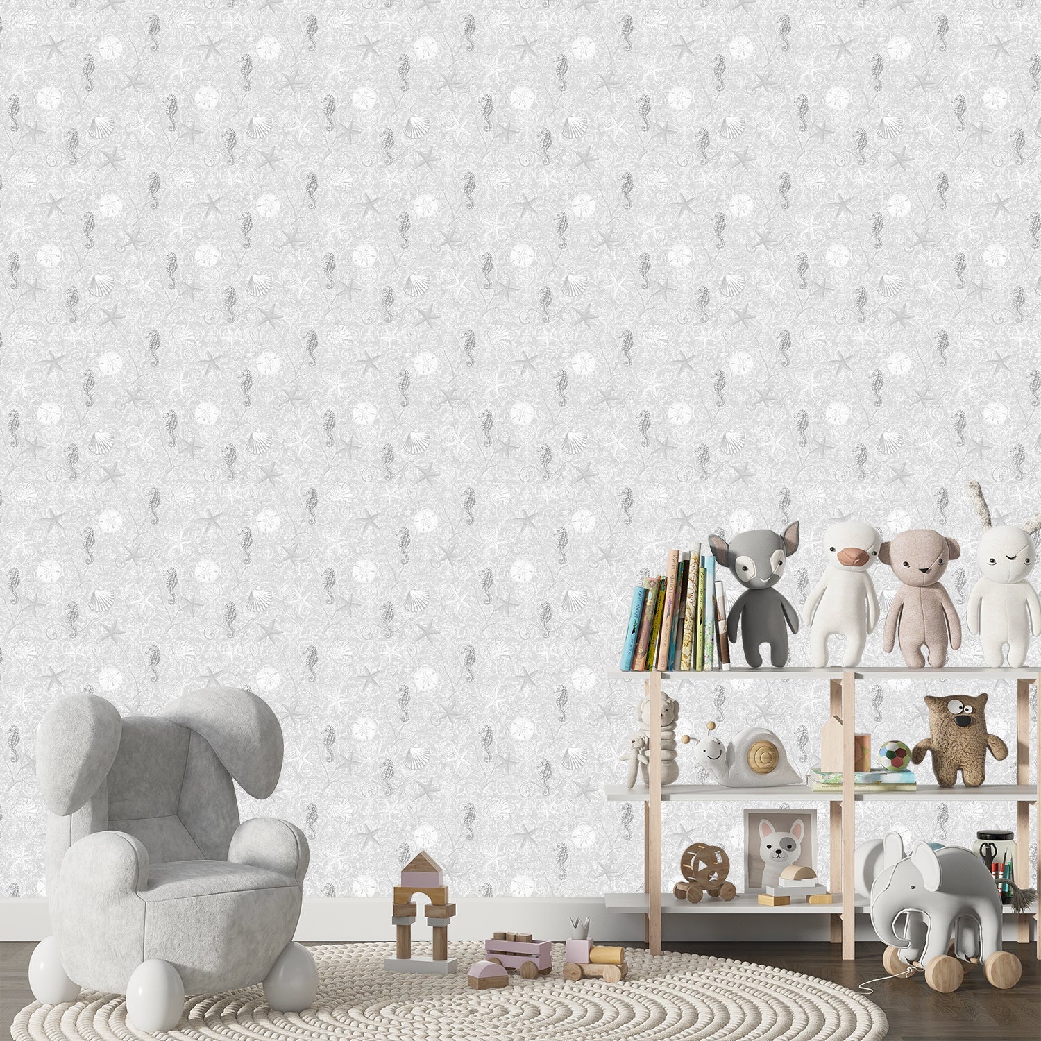 Delicate repeating pattern of blue seahorses and coral starfish on light background - view 21 - final