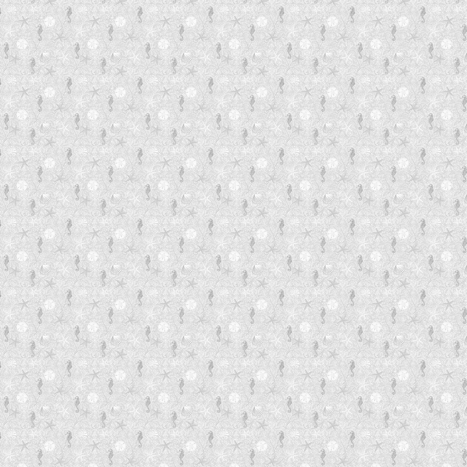 Delicate repeating pattern of blue seahorses and coral starfish on light background - view 22 - final