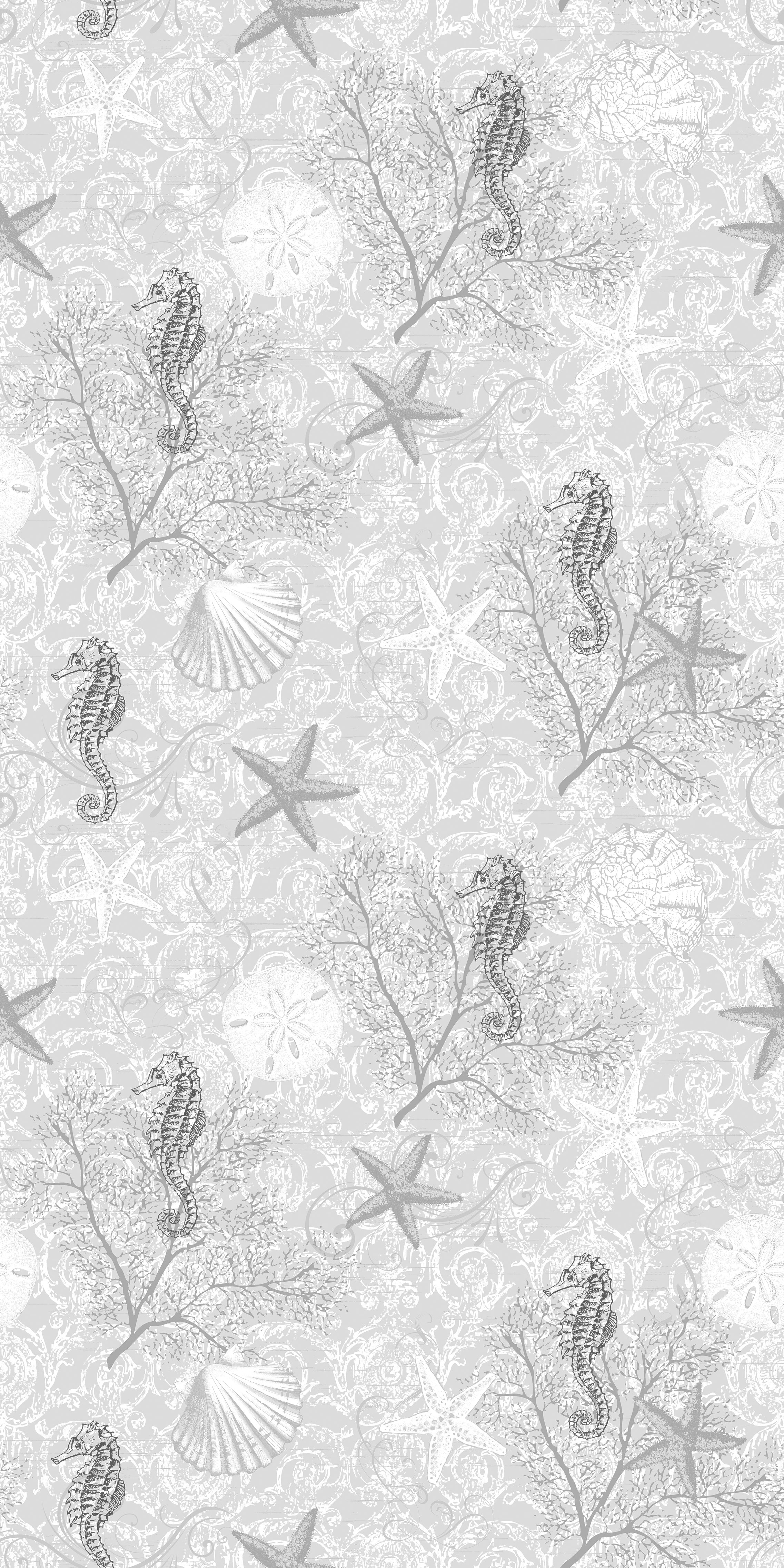Delicate repeating pattern of blue seahorses and coral starfish on light background - view 25 - repeat-original - final