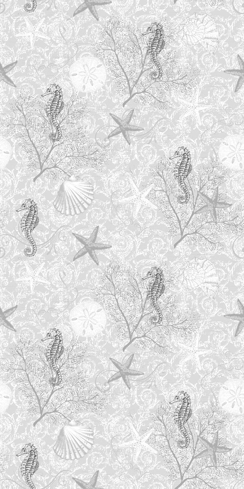 Delicate repeating pattern of blue seahorses and coral starfish on light background - view 26 - repeat-small - final