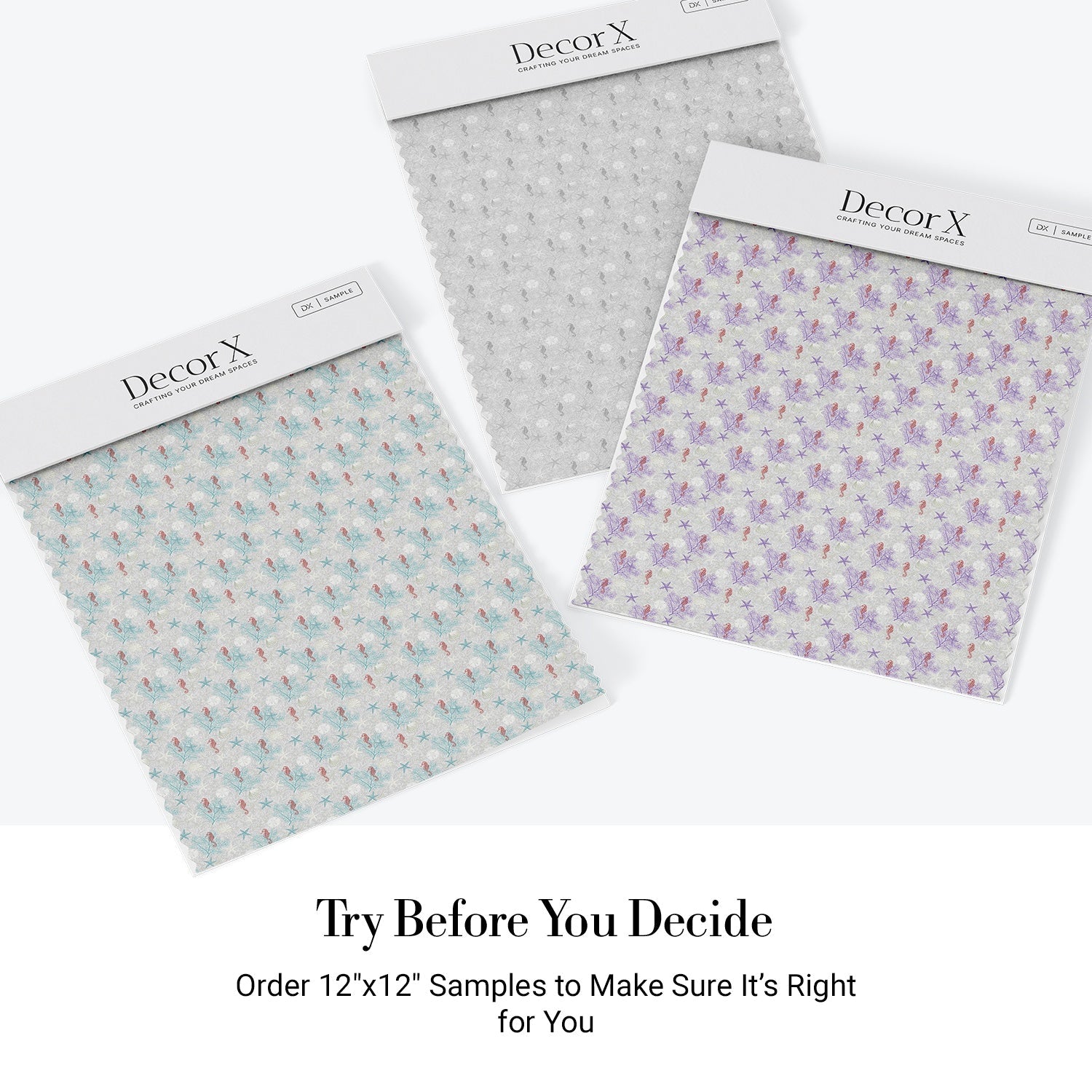 Delicate repeating pattern of blue seahorses and coral starfish on light background - view 27 - final all-groups samples