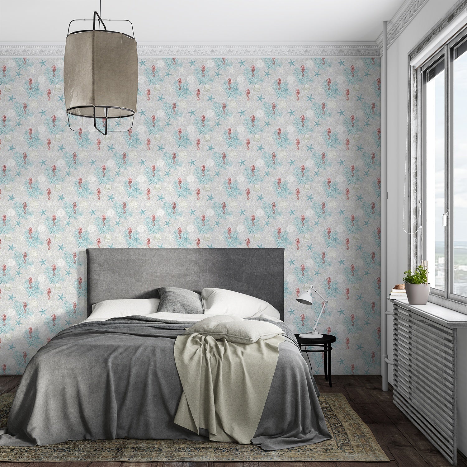 Delicate repeating pattern of blue seahorses and coral starfish on light background bed-room - view 3 - final bed-room