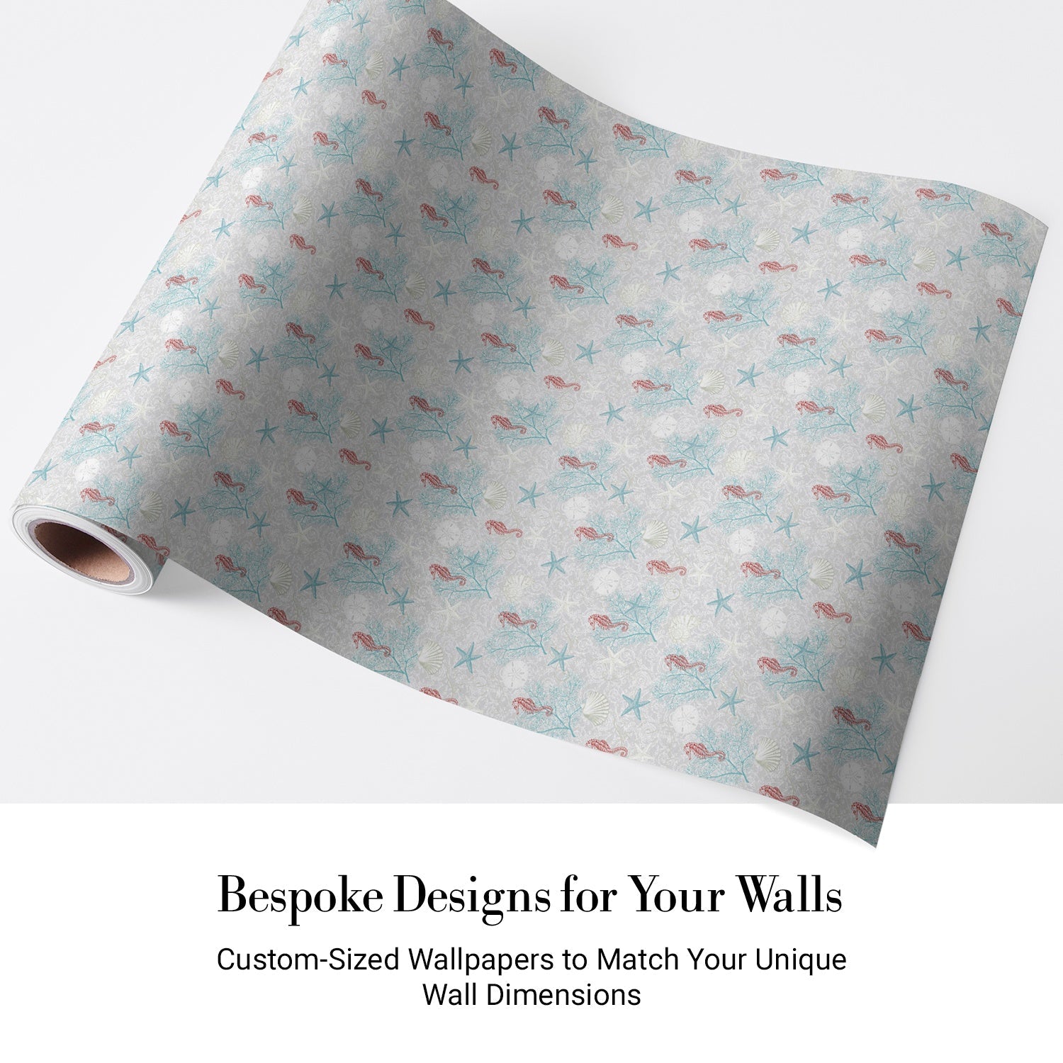 Delicate repeating pattern of blue seahorses and coral starfish on light background - view 5 - final