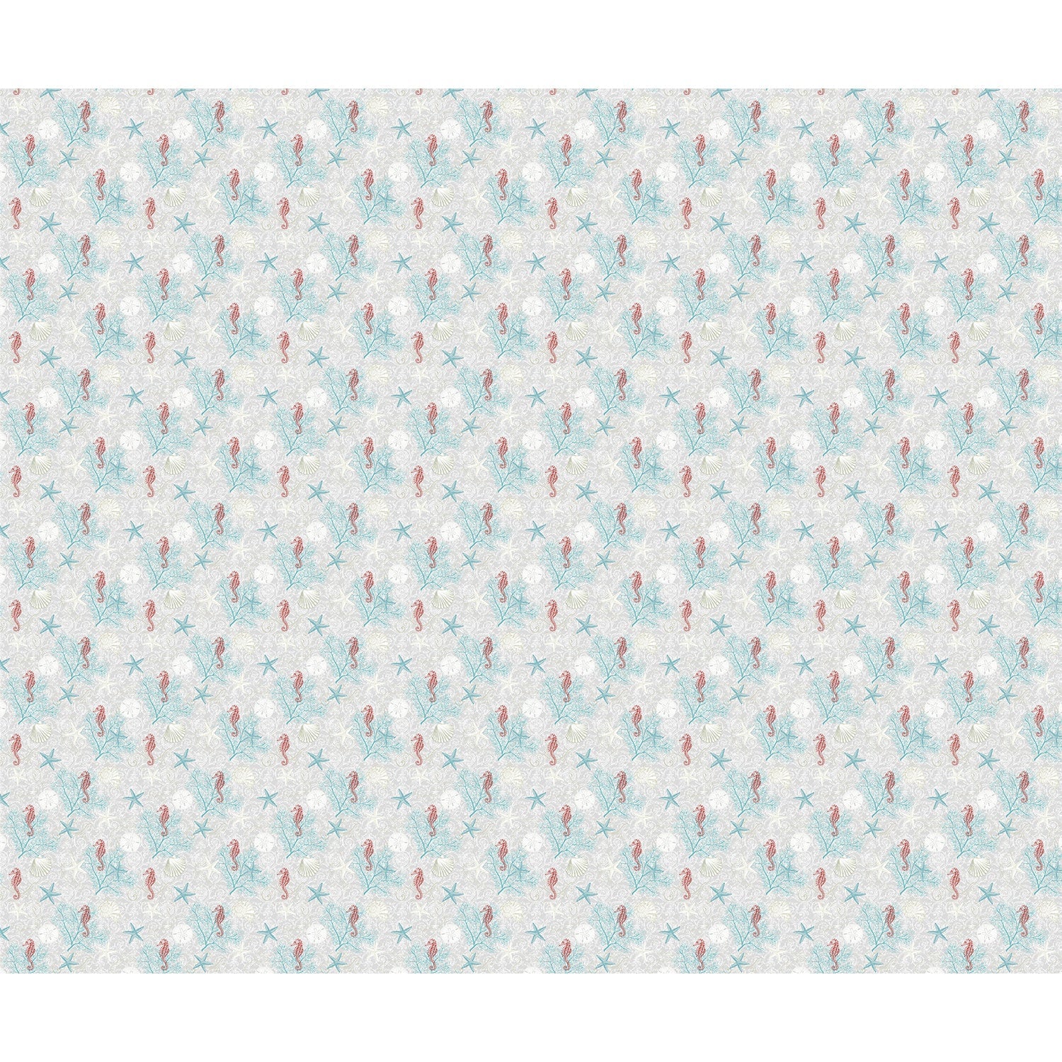 Delicate repeating pattern of blue seahorses and coral starfish on light background - view 6 - repeat-full-square - final