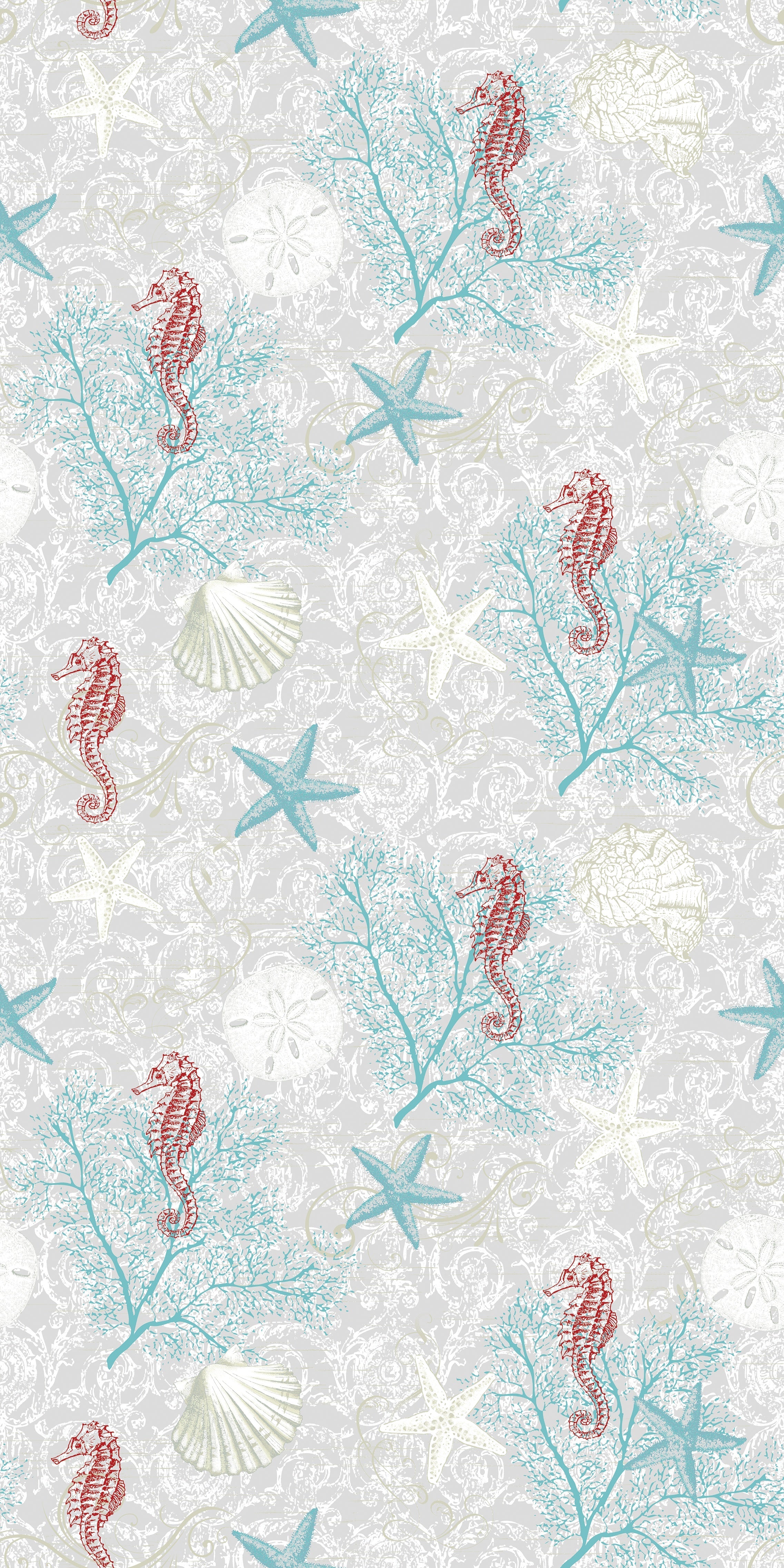 Delicate repeating pattern of blue seahorses and coral starfish on light background - view 7 - repeat-original - final