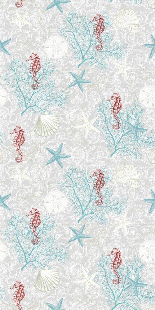 Delicate repeating pattern of blue seahorses and coral starfish on light background - view 8 - repeat-small - final