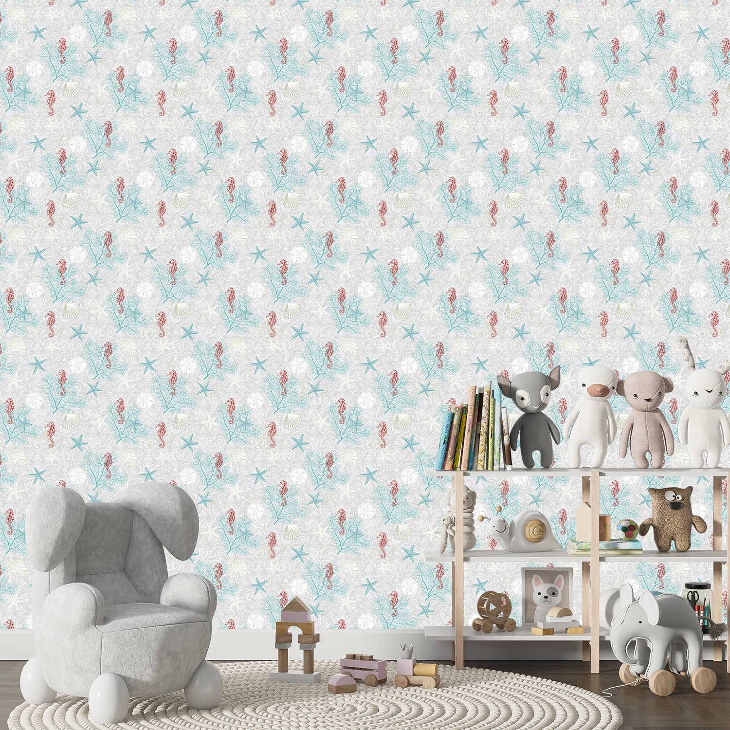 Delicate repeating pattern of blue seahorses and coral starfish on light background - final kids-room