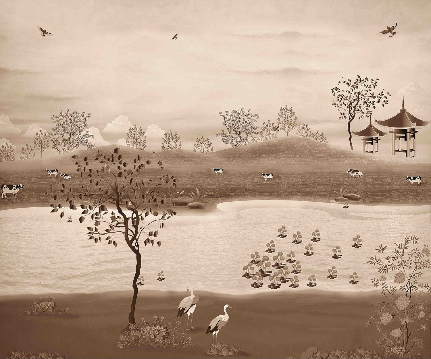 Scenic countryside landscape in lea - chinoiserie wallpaper mural-inequal final