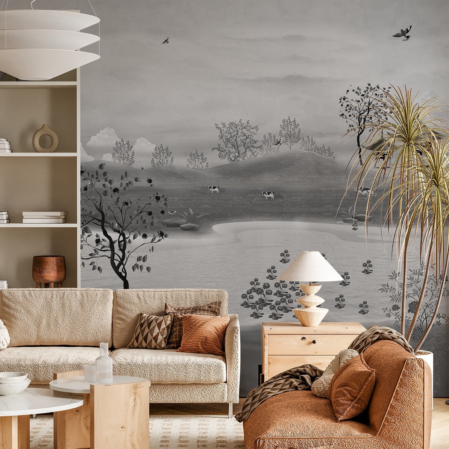 Serene countryside mural with lake, rolling hills and delicate cherry blossoms in muted tones - view 11 - final