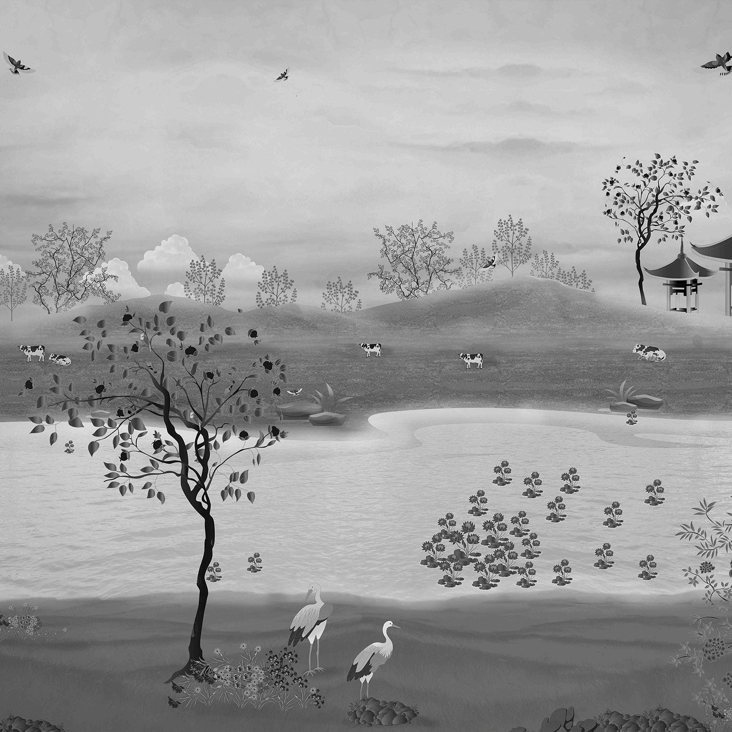 Serene countryside mural with lake, rolling hills and delicate cherry blossoms in muted tones - view 12 - final