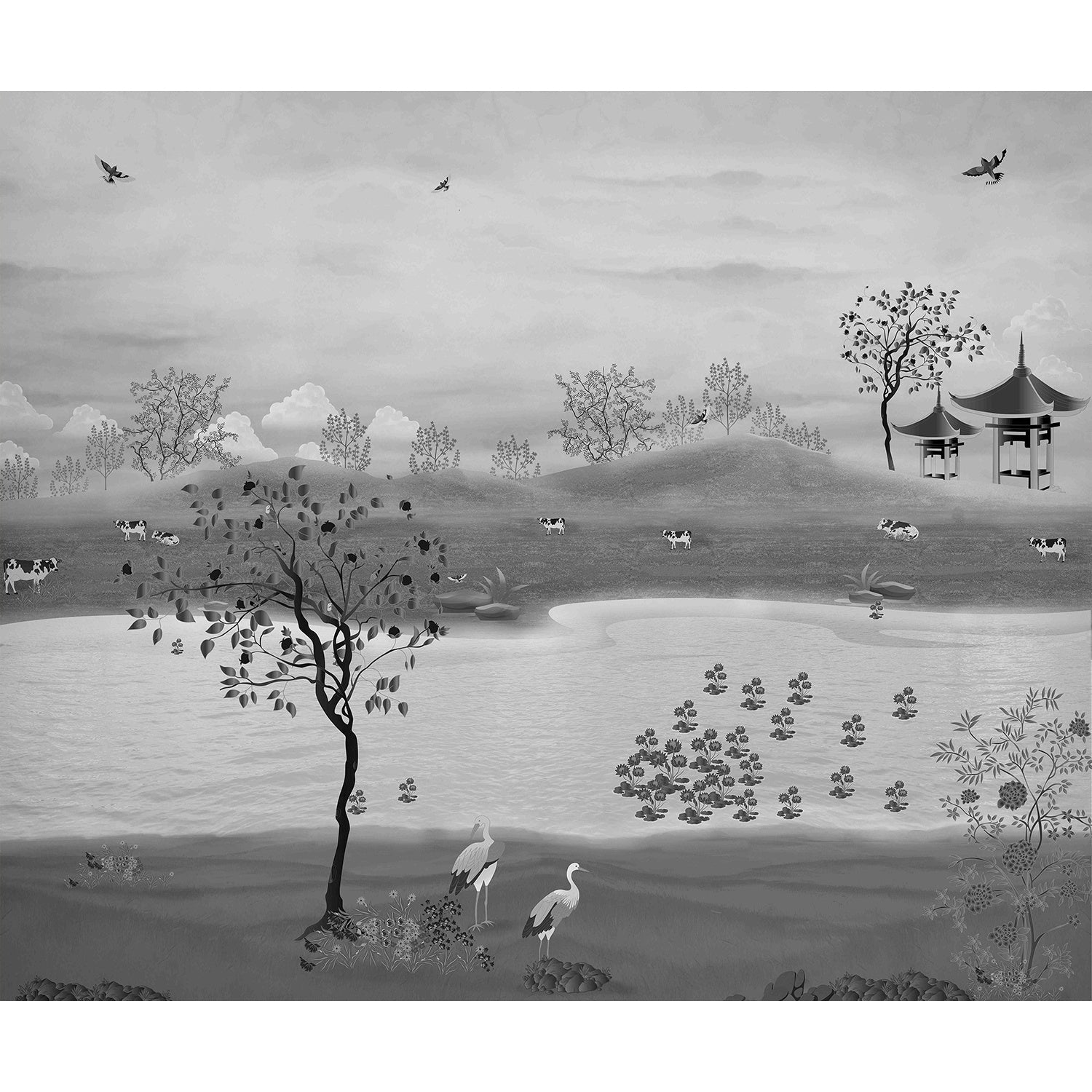 Scenic countryside landscape in lea - chinoiserie wallpaper mural-equal final