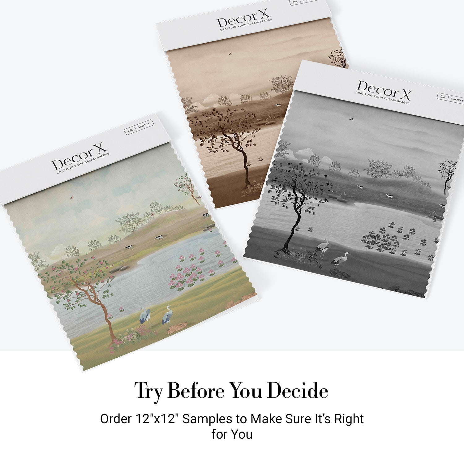 Serene countryside mural with lake, rolling hills and delicate cherry blossoms in muted tones - view 15 - final all-groups samples