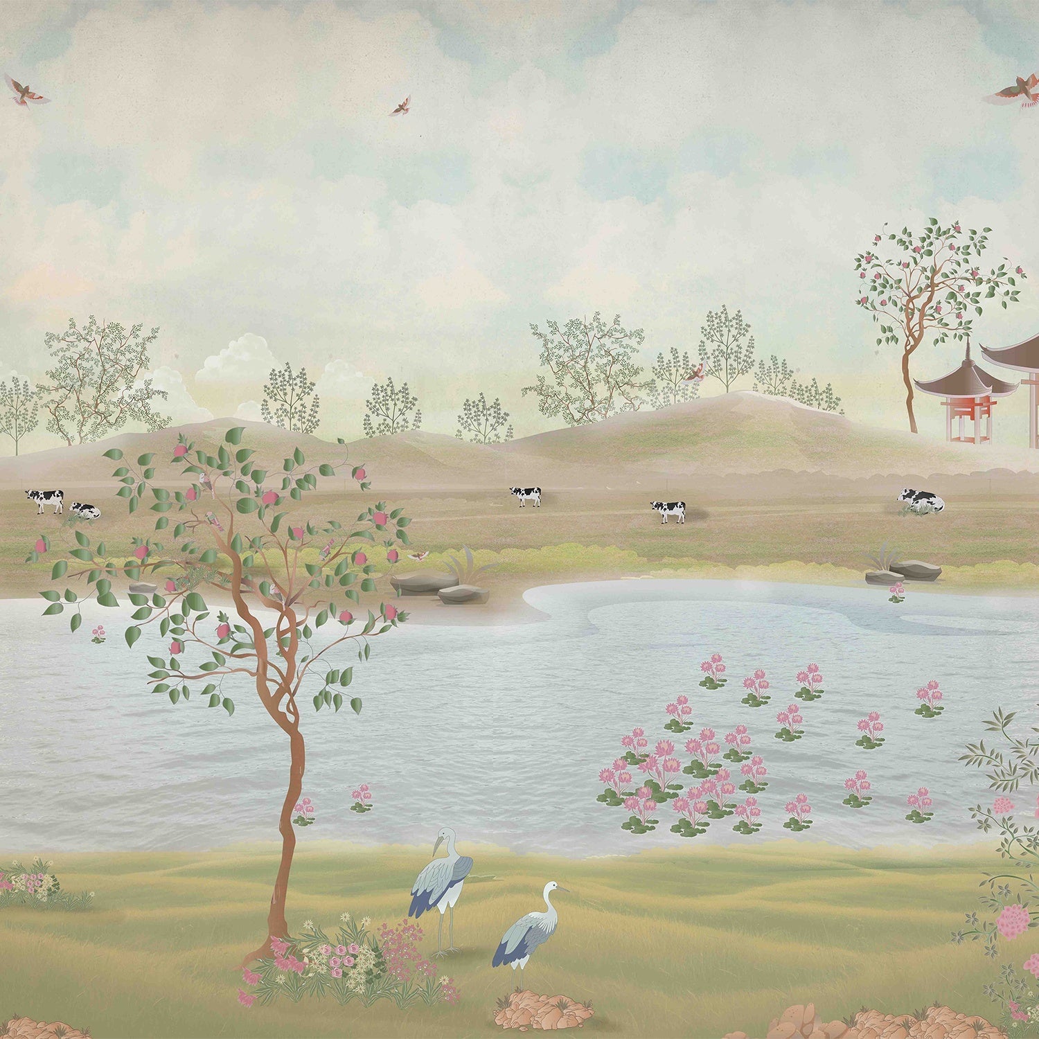 Serene countryside mural with lake, rolling hills and delicate cherry blossoms in muted tones - view 2 - final