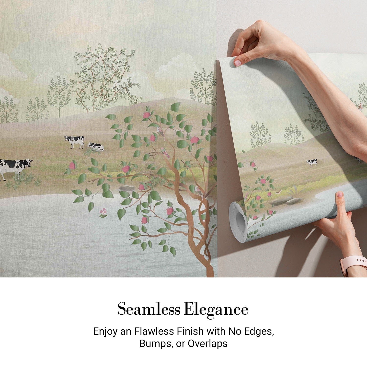 Serene countryside mural with lake, rolling hills and delicate cherry blossoms in muted tones - view 3 - final
