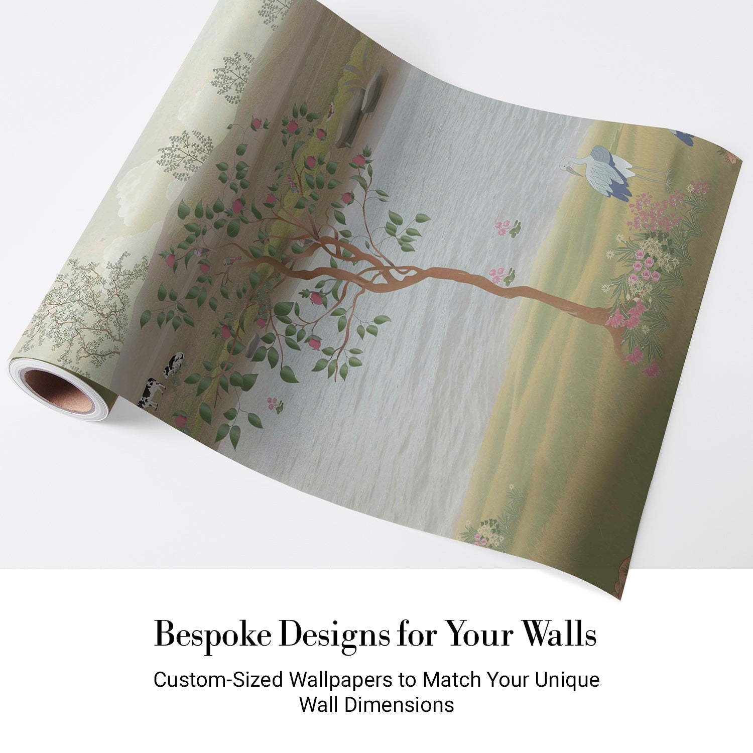 Serene countryside mural with lake, rolling hills and delicate cherry blossoms in muted tones - view 4 - final