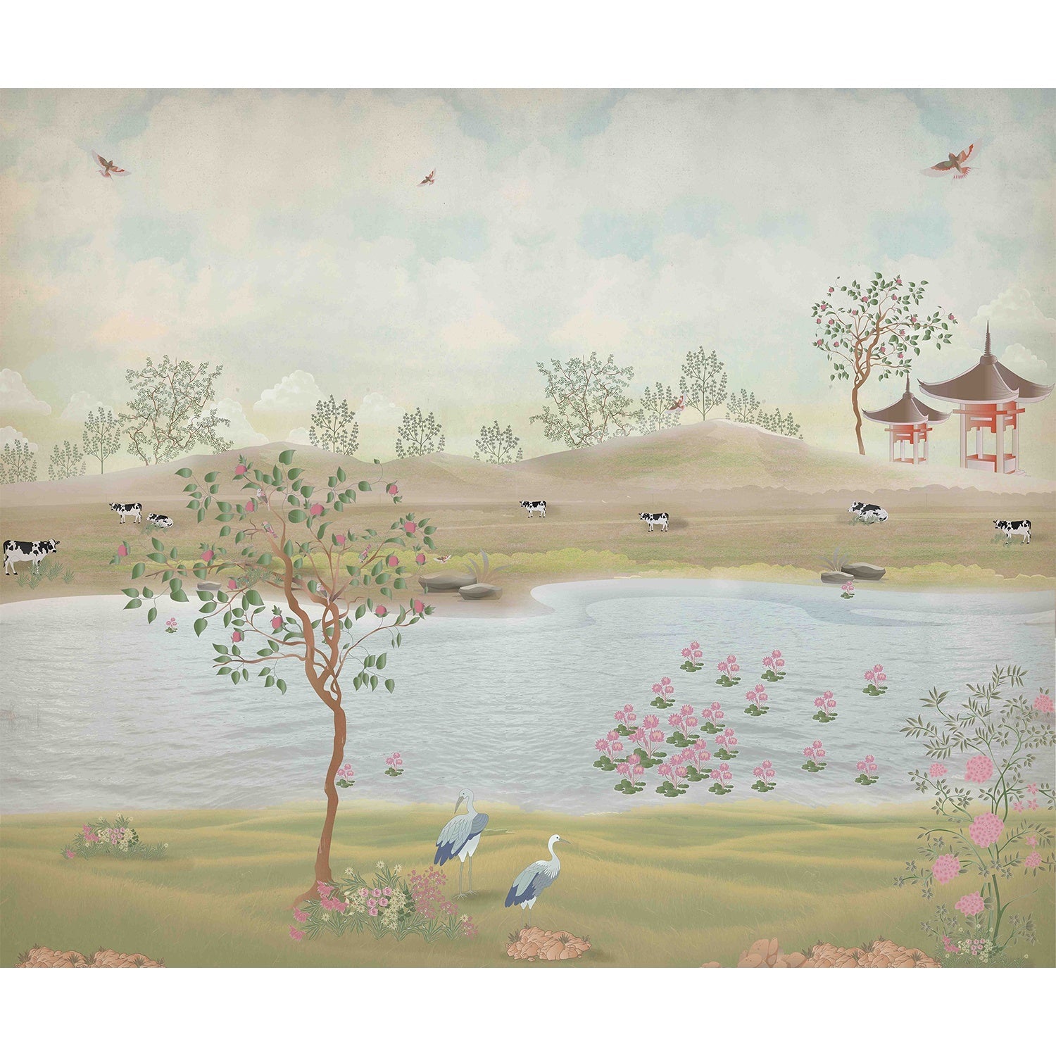 Scenic countryside landscape in lea - chinoiserie wallpaper mural-equal final