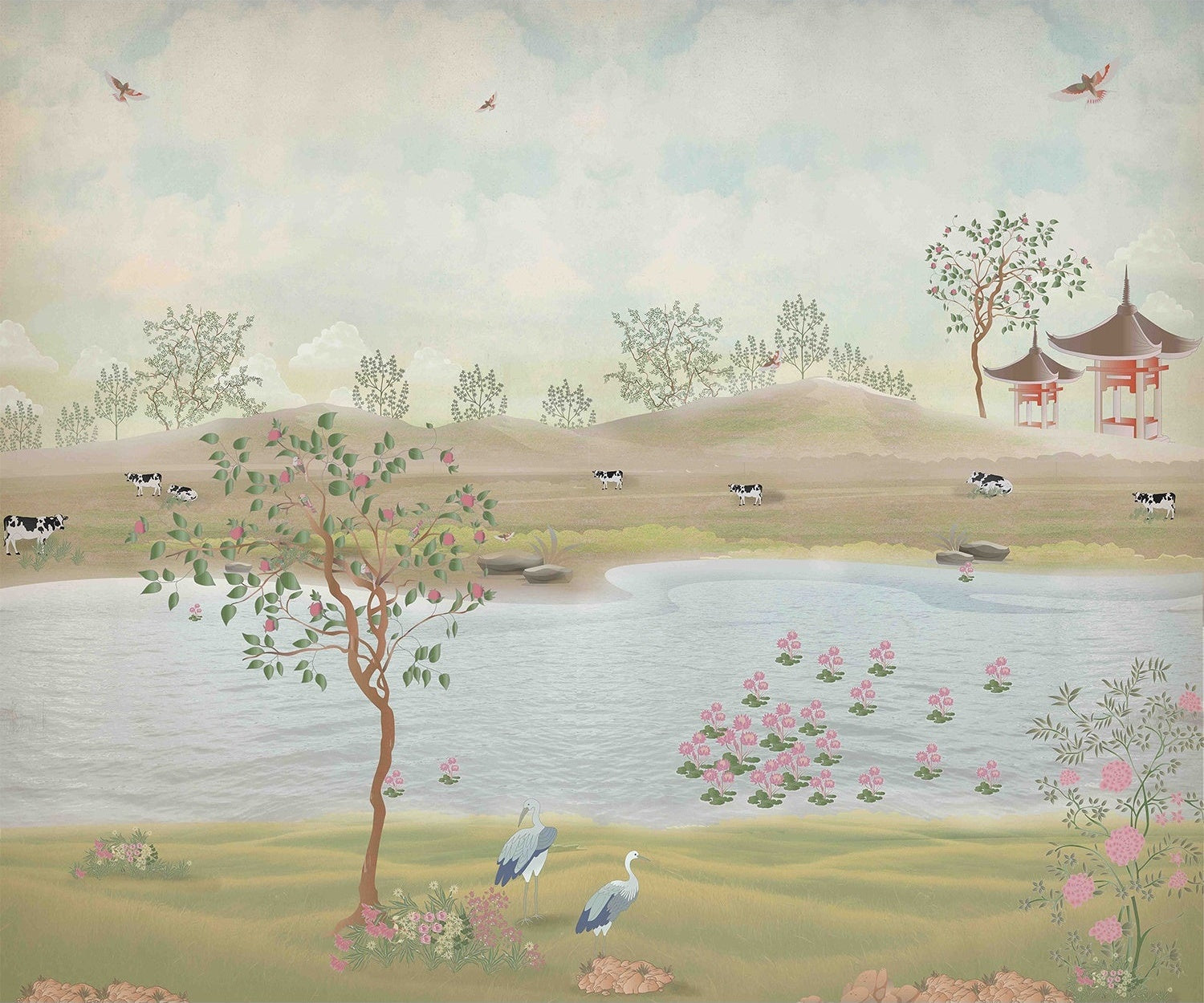 Scenic countryside landscape in lea - chinoiserie wallpaper mural-inequal final