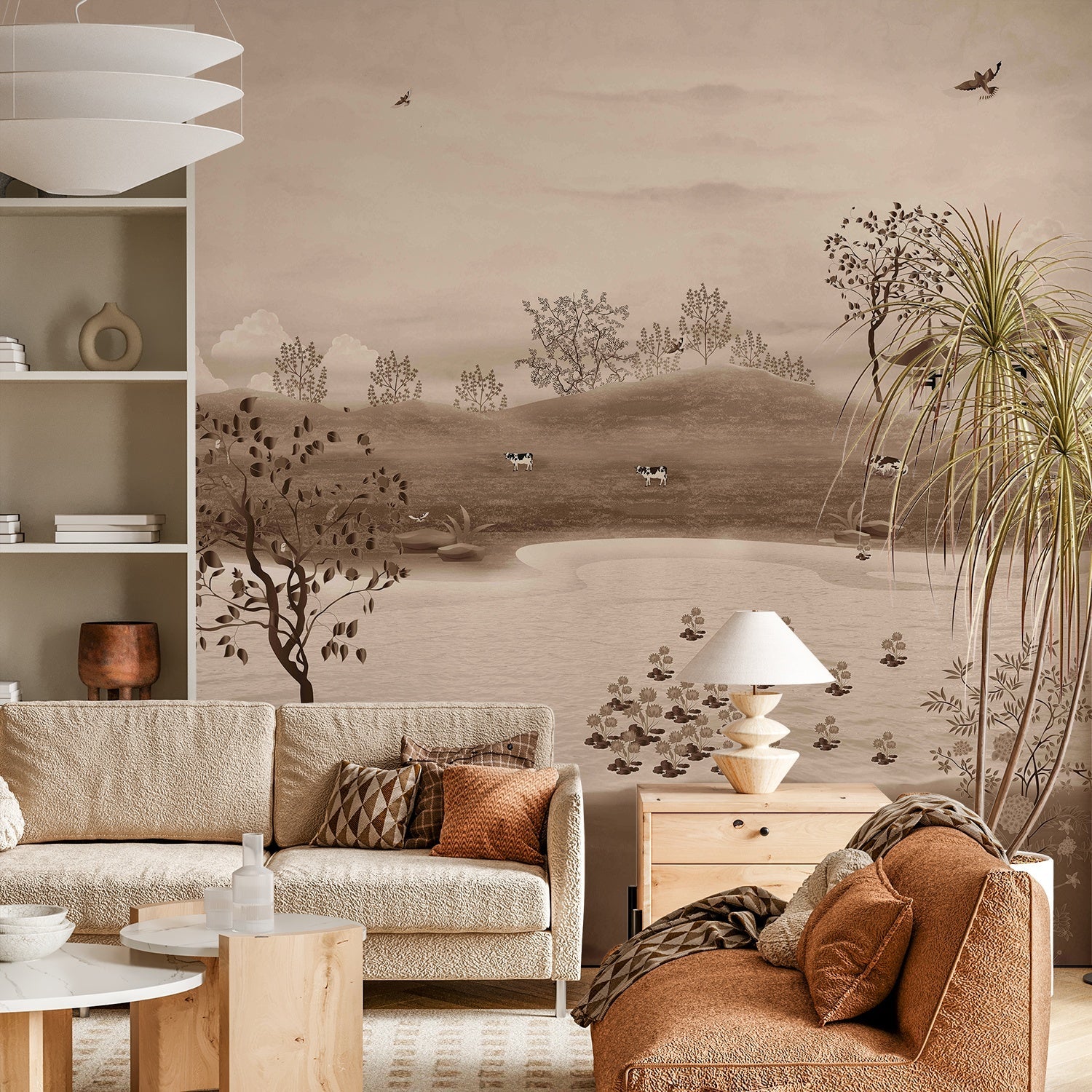 Serene countryside mural with lake, rolling hills and delicate cherry blossoms in muted tones - view 7 - final