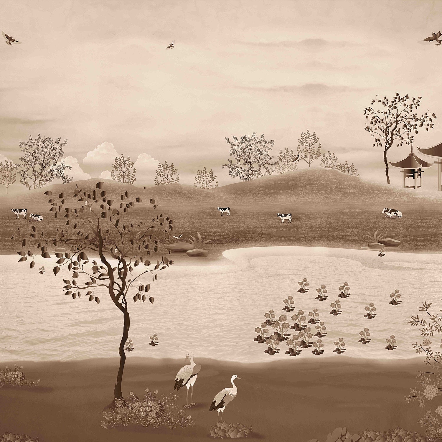 Serene countryside mural with lake, rolling hills and delicate cherry blossoms in muted tones - view 8 - final