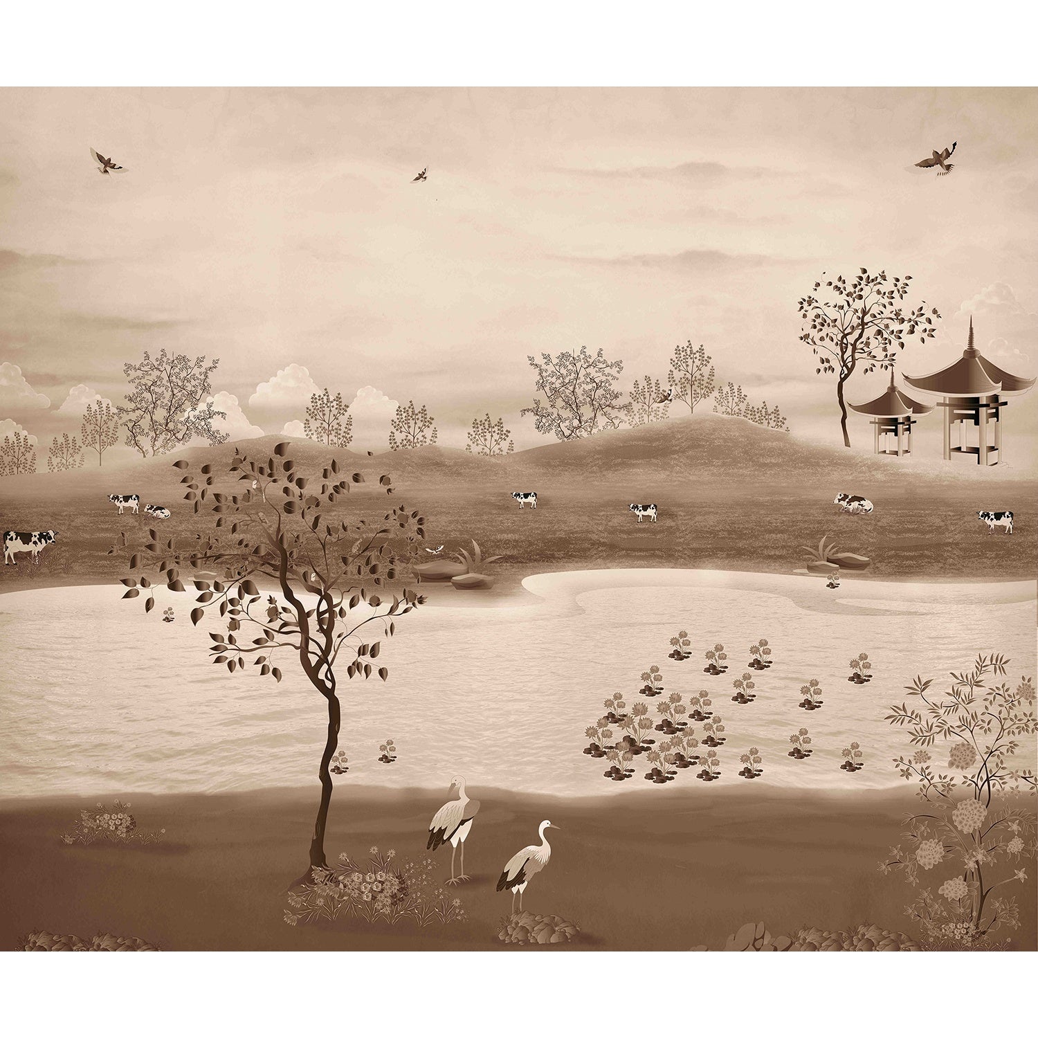 Scenic countryside landscape in lea - chinoiserie wallpaper mural-equal final