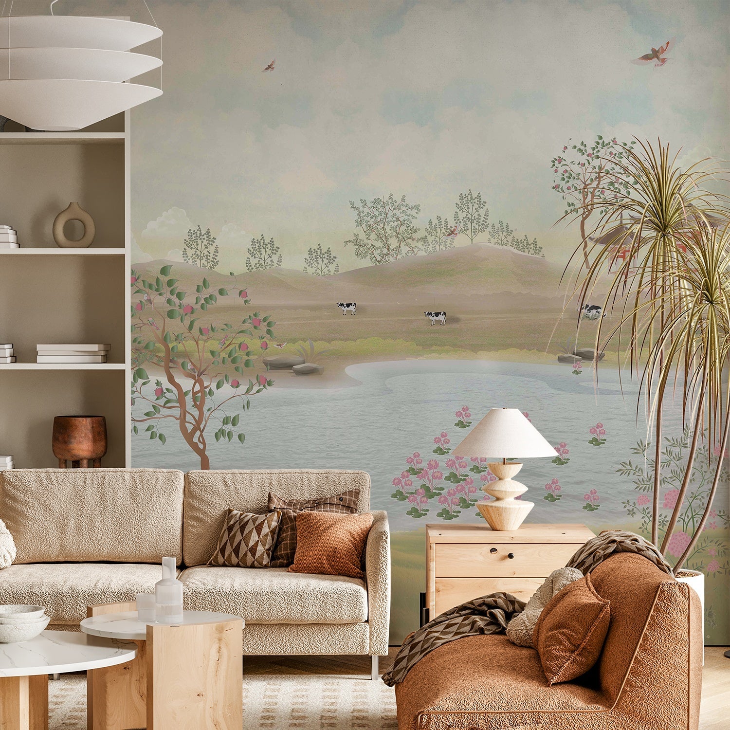 Serene countryside mural with lake, rolling hills and delicate cherry blossoms in muted tones - final living-room