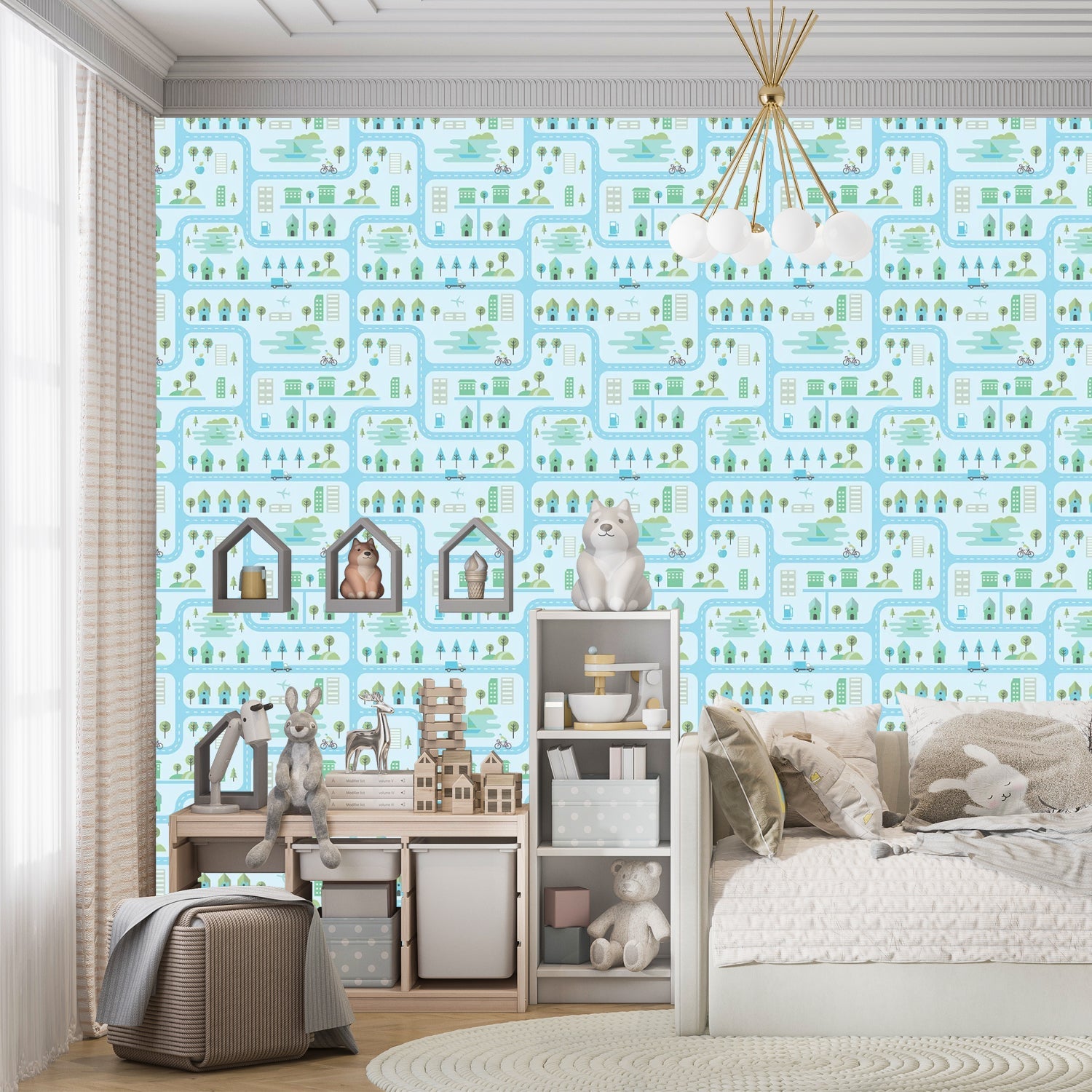Whimsical peach townhouses with trees and gardens in repeating geometric nursery pattern - view 10 - final