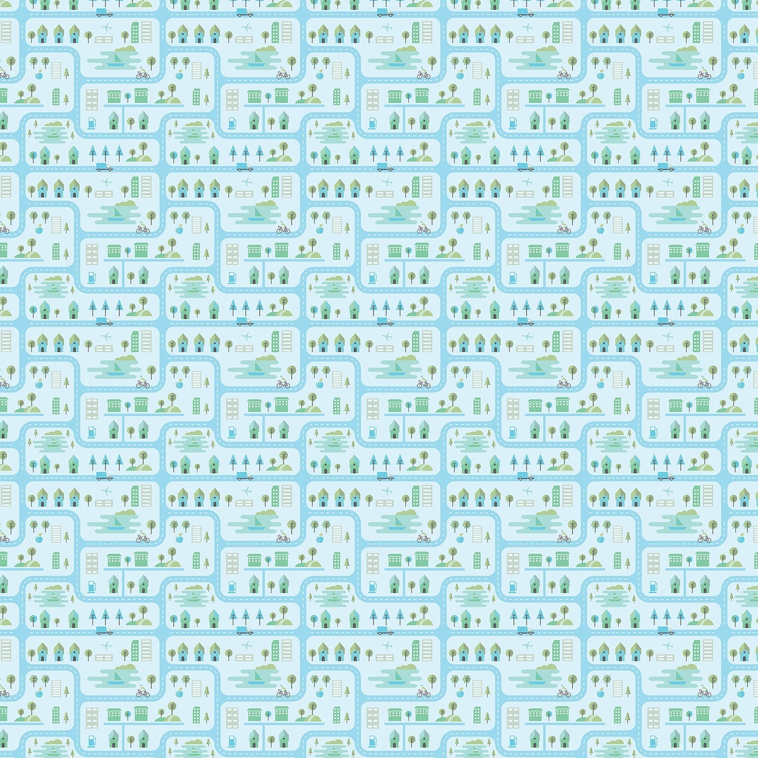 Whimsical peach townhouses with trees and gardens in repeating geometric nursery pattern - view 11 - final