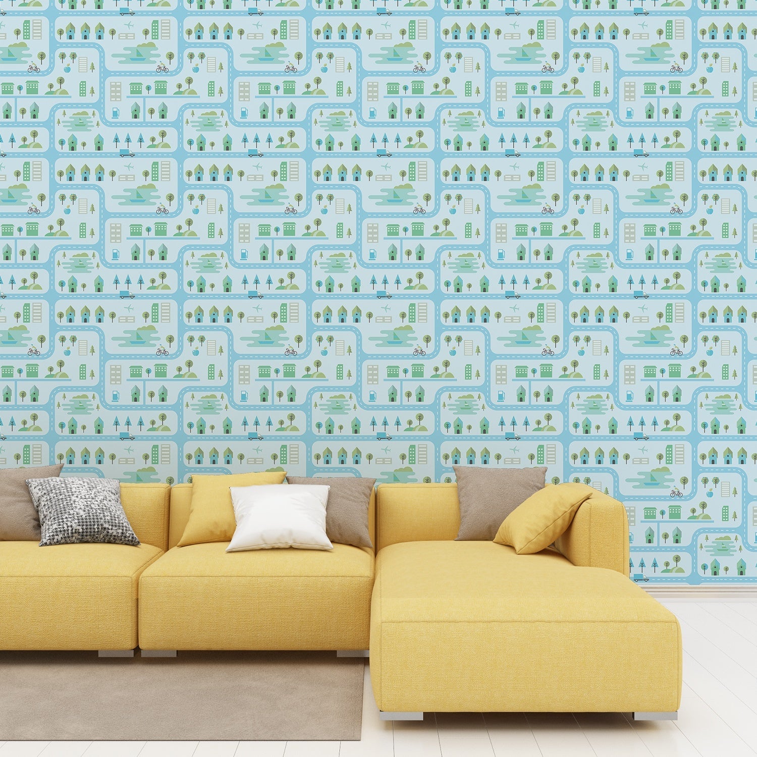 Whimsical peach townhouses with trees and gardens in repeating geometric nursery pattern - view 13 - final