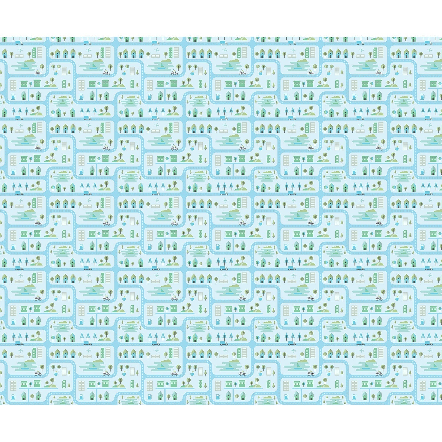 repeat-full-square Whimsical peach townhouses with trees and gardens in repeating geometric nursery pattern - view 14 - final