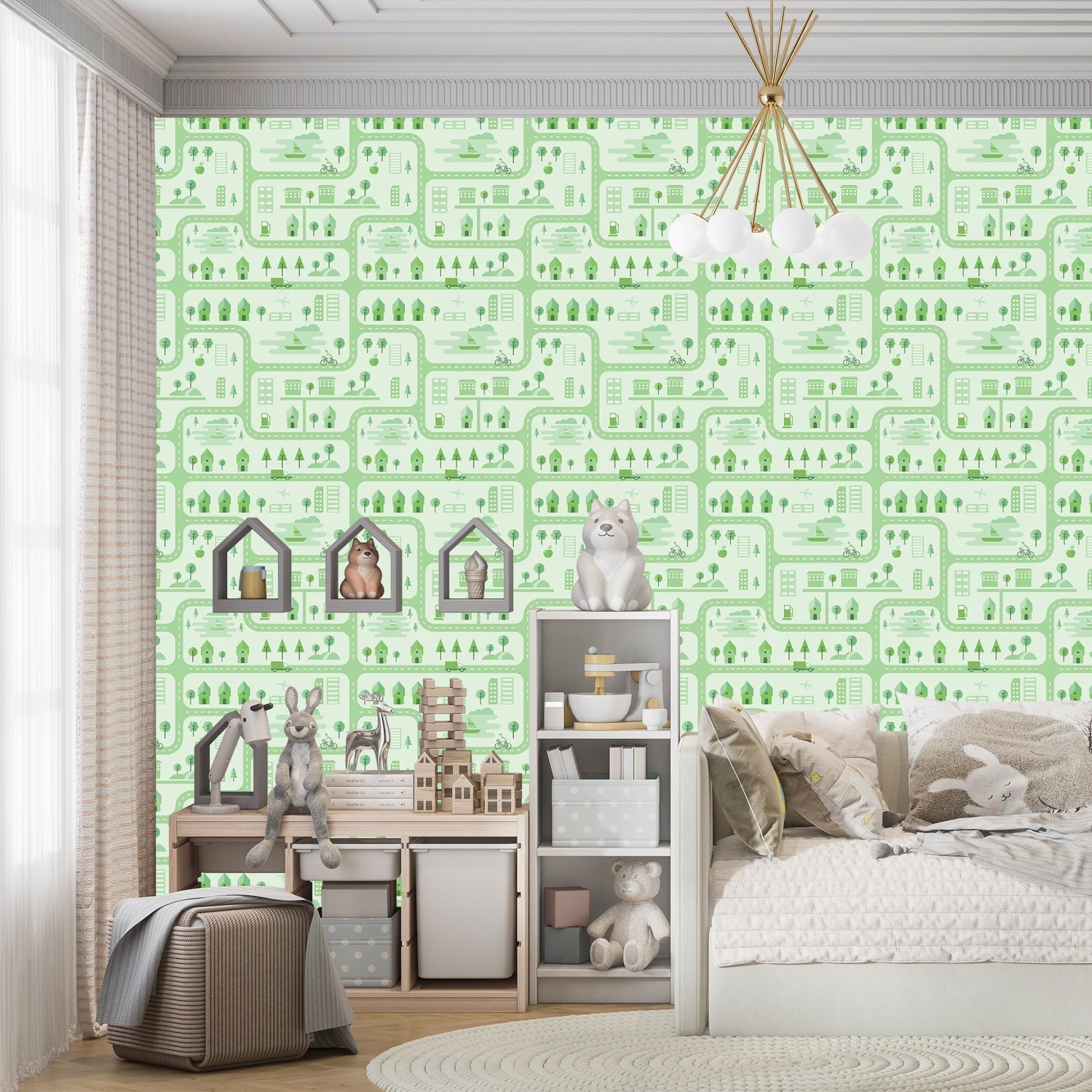 Whimsical peach townhouses with trees and gardens in repeating geometric nursery pattern - view 16 - final