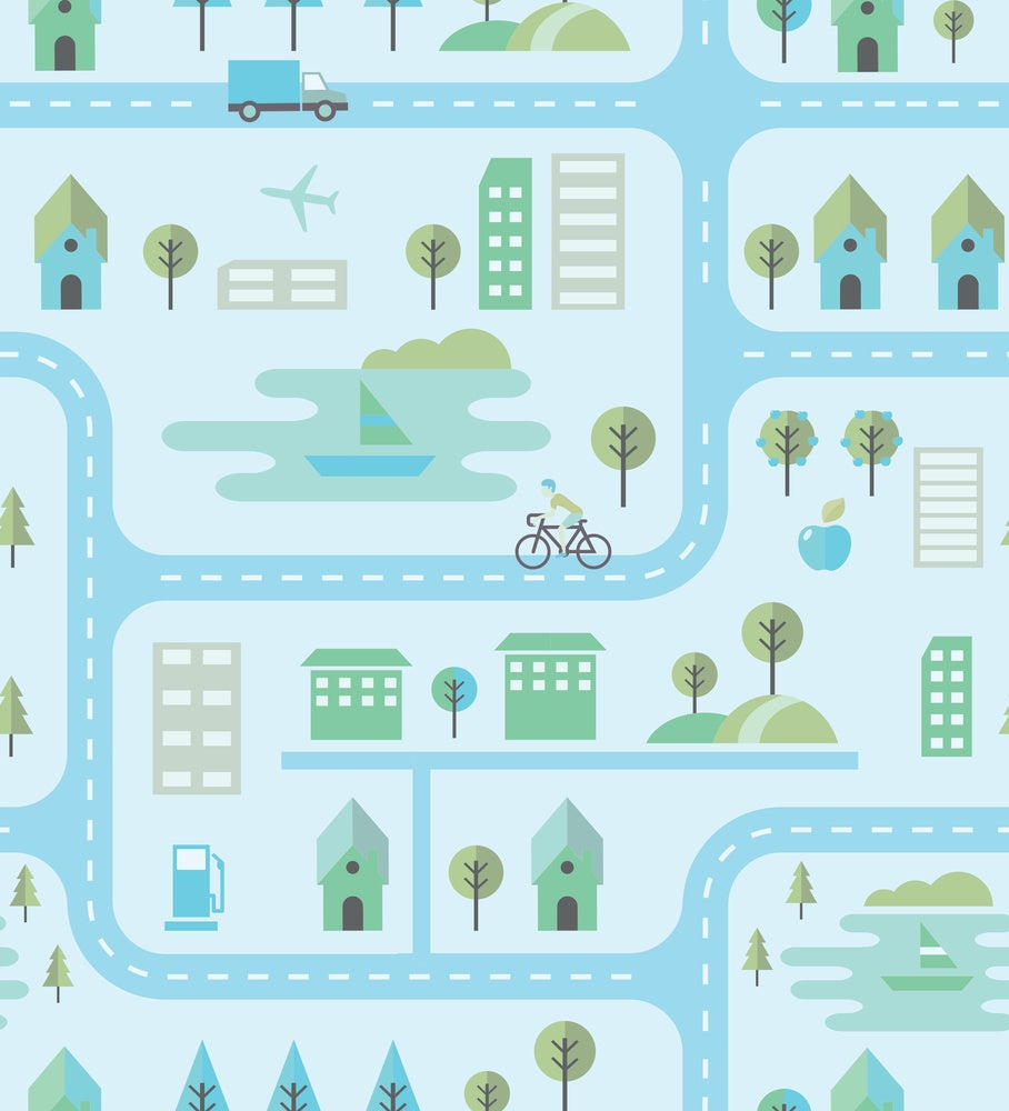 Whimsical peach townhouses with trees and gardens in repeating geometric nursery pattern - view 17 - repeat-small - final