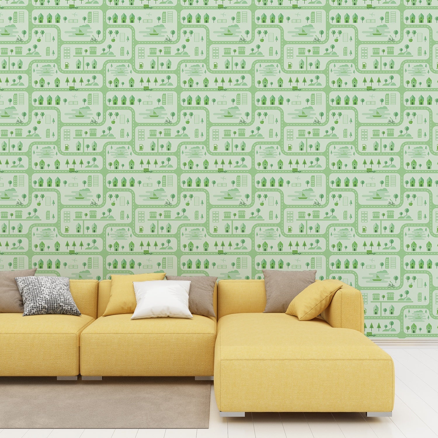 Whimsical peach townhouses with trees and gardens in repeating geometric nursery pattern - view 18 - final