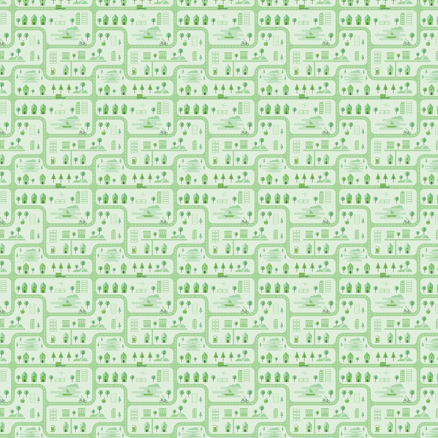 Whimsical peach townhouses with trees and gardens in repeating geometric nursery pattern - view 19 - final